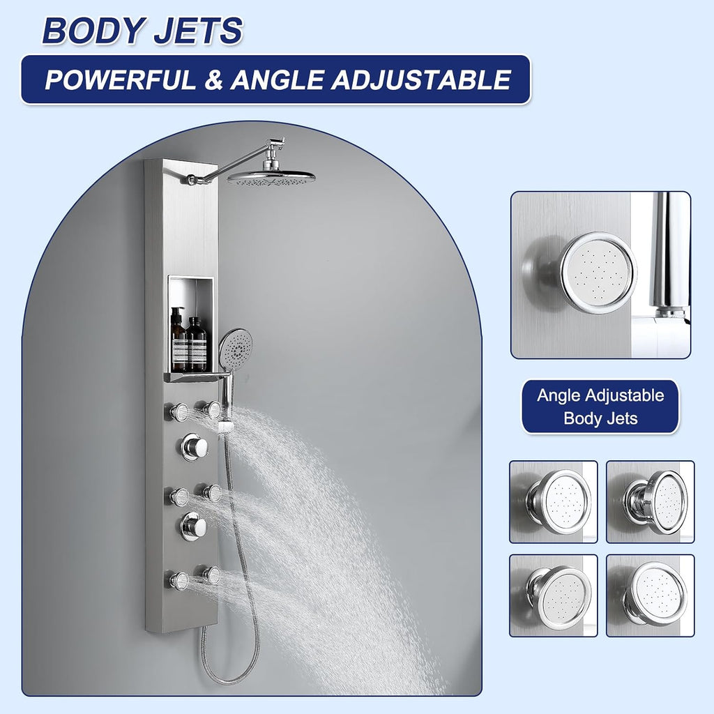 ROVATE Shower Panel Tower System with Shelf, Adjustable Shower Arm, Brushed Shower Tower with 6 Body Jets, Self-Cleaning Rainfall Showerhead & Handheld, Powerful Shower Column Stainless Steel