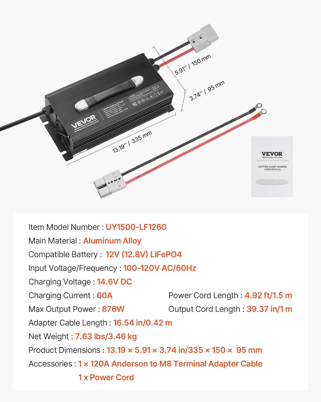 VEVOR 12V 60A Lithium Battery Charger, 14.6V, AC-DC LiFePO4 Smart Charger, with Anderson Connector, LED Indicator, 0V Activation, for Lithium LiFePO4 Deep Cycle Rechargeable Batteries of Boat, RV