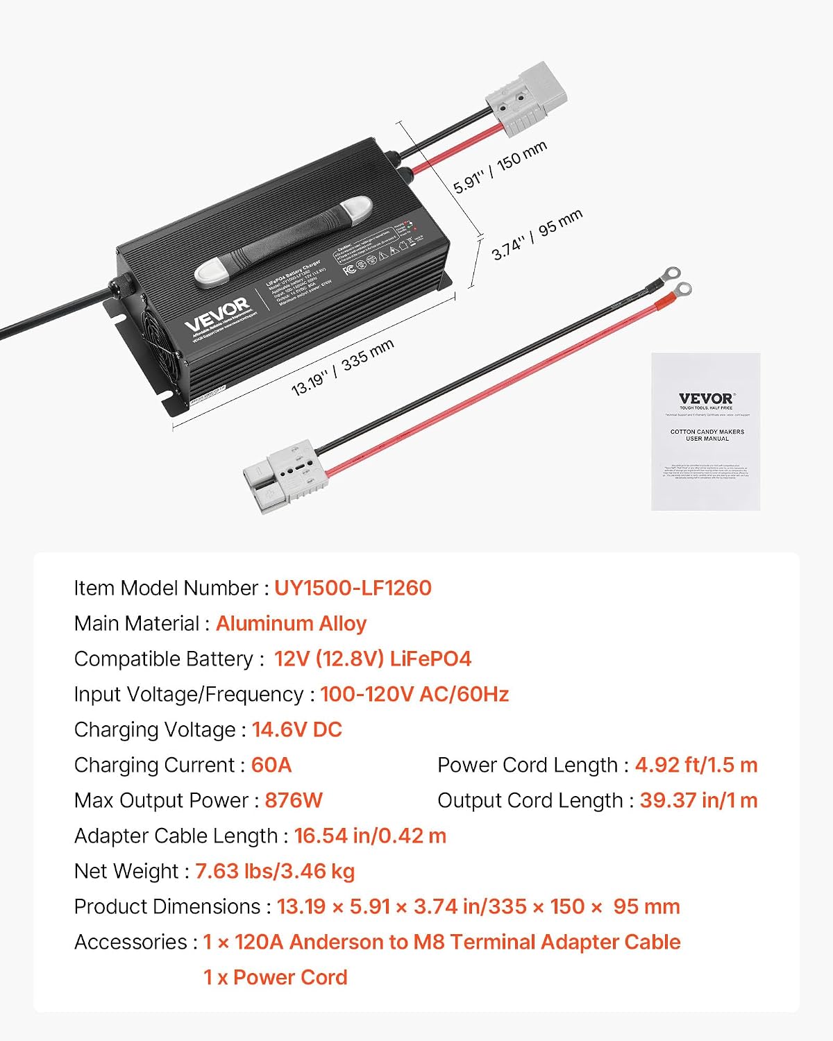VEVOR 12V 60A Lithium Battery Charger, 14.6V, AC-DC LiFePO4 Smart Charger, with Anderson Connector, LED Indicator, 0V Activation, for Lithium LiFePO4 Deep Cycle Rechargeable Batteries of Boat, RV