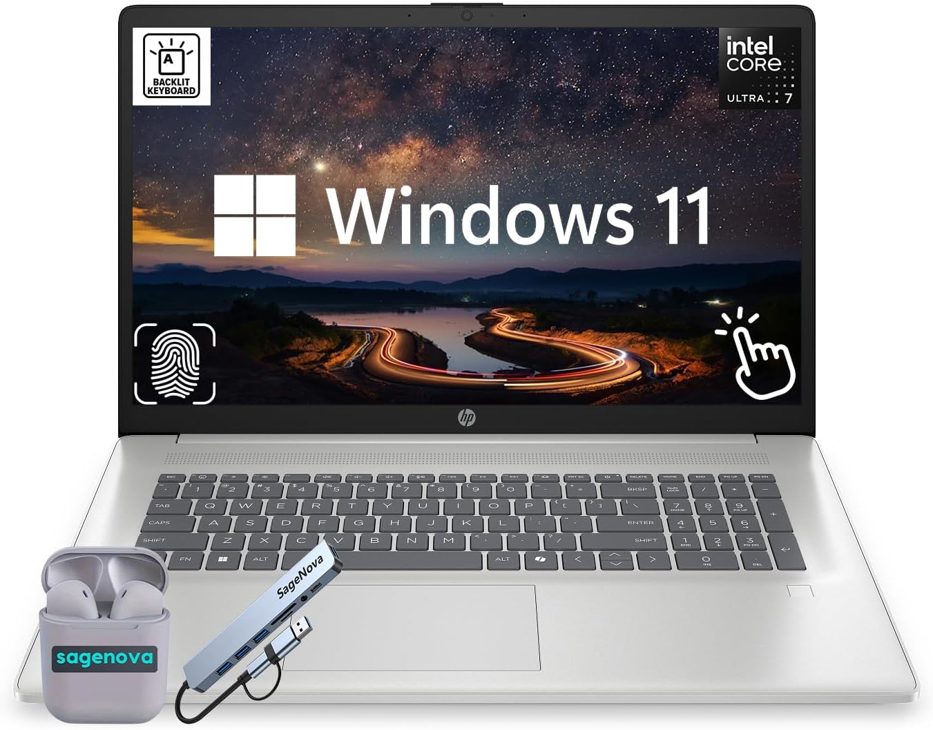 HP 17.3' Touchscreen Laptop, Intel Core Ultra 7 255U (12-Core, Up to 5.2Ghz), 40GB DDR5 RAM 2.5TB Storage (2TB SSD+512GB SageNova Docking Station), Backlit KB, Fingerprint Reader, Windows 11, Silver