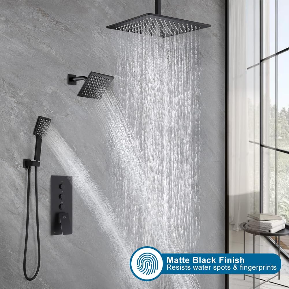 Matte Black Shower Faucet Set Bathroom Rainfall Shower System, 12 Inch Ceiling Mount Shower Head with 6 Inch Wall Mount Shower Head, Include Shower Valve and Trim Kit