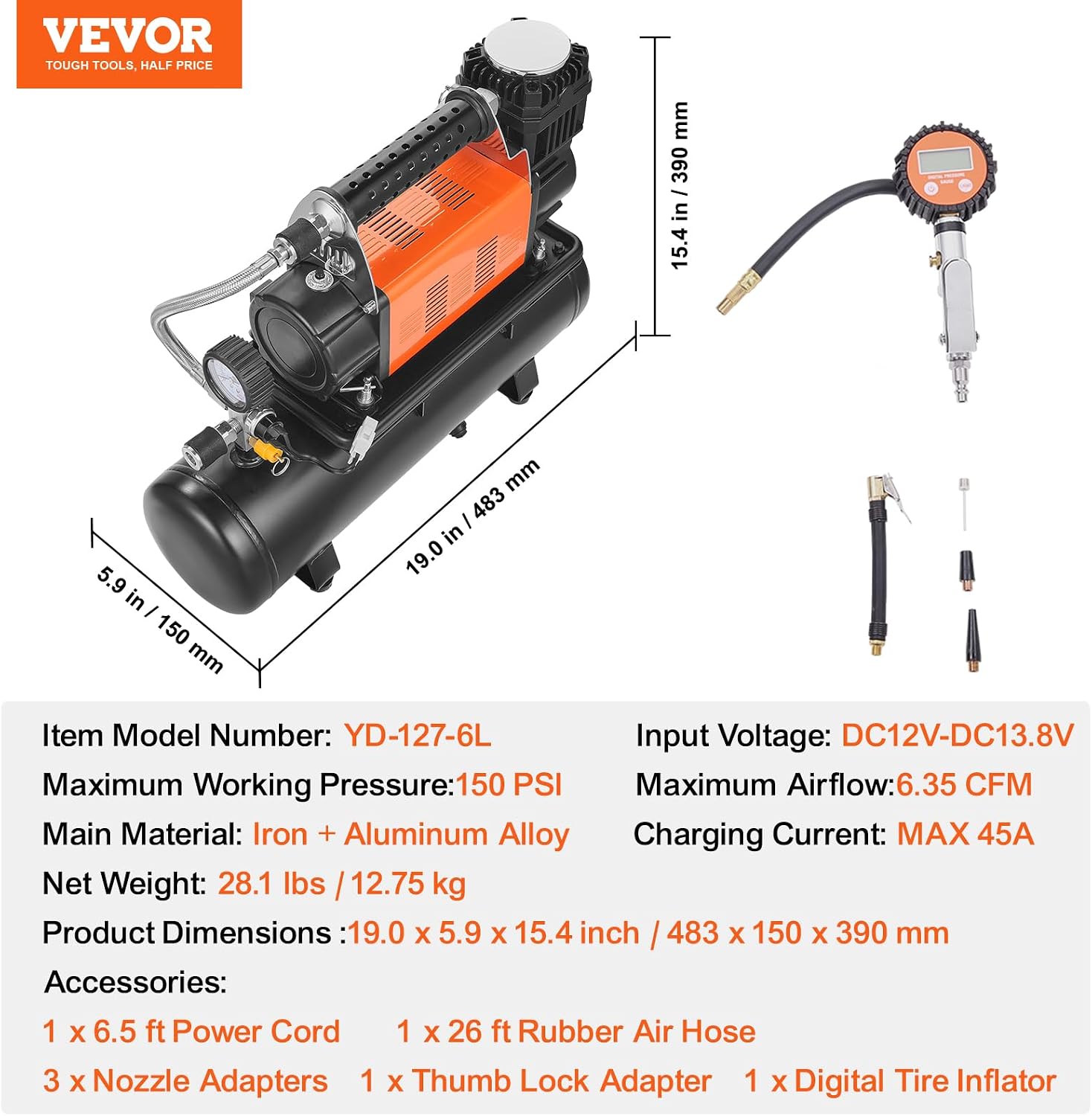 VEVOR 12V Heavy Duty Air Compressor with 6L Tank Kit, 6.35 CFM Portable Tire Inflator, 150PSI Offroad Air Compressor with Digital Pressure Gauge Tire Inflator for Trucks Car SUV 4 x 4 Vehicle RV