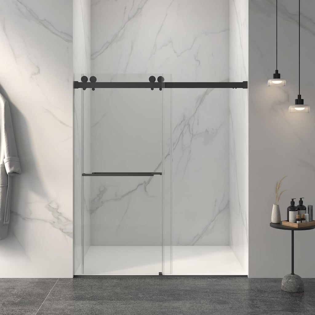 KEIKI 56-60' W x 70' H Frameless Double Sliding Shower Door, 5/16' (8mm) Thick SGCC Tempered Clear Glass, Double Side Easy Clean Coat, Matte Black Finished with Buffer