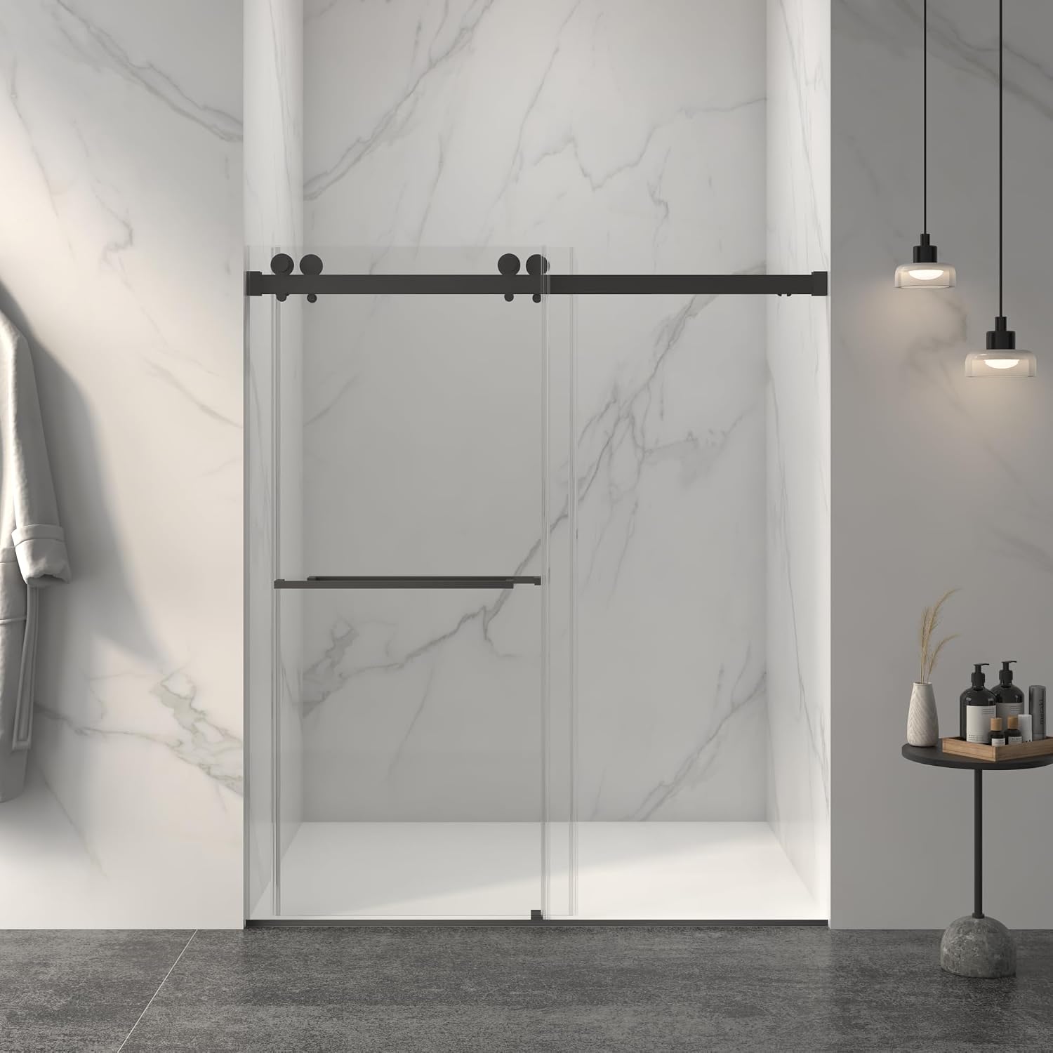 KEIKI 56-60' W x 70' H Frameless Double Sliding Shower Door, 5/16' (8mm) Thick SGCC Tempered Clear Glass, Double Side Easy Clean Coat, Matte Black Finished with Buffer
