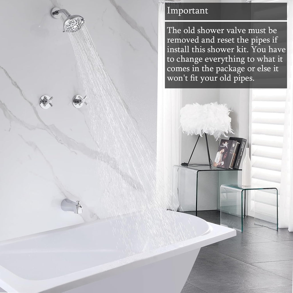2 Handles Shower Faucet Set with Tub Spout,Bath Tub Shower Faucet Combo Set,2 Knobs Complete Tub and Shower Trim Kit with Valve,Wall Mounted,Chrome