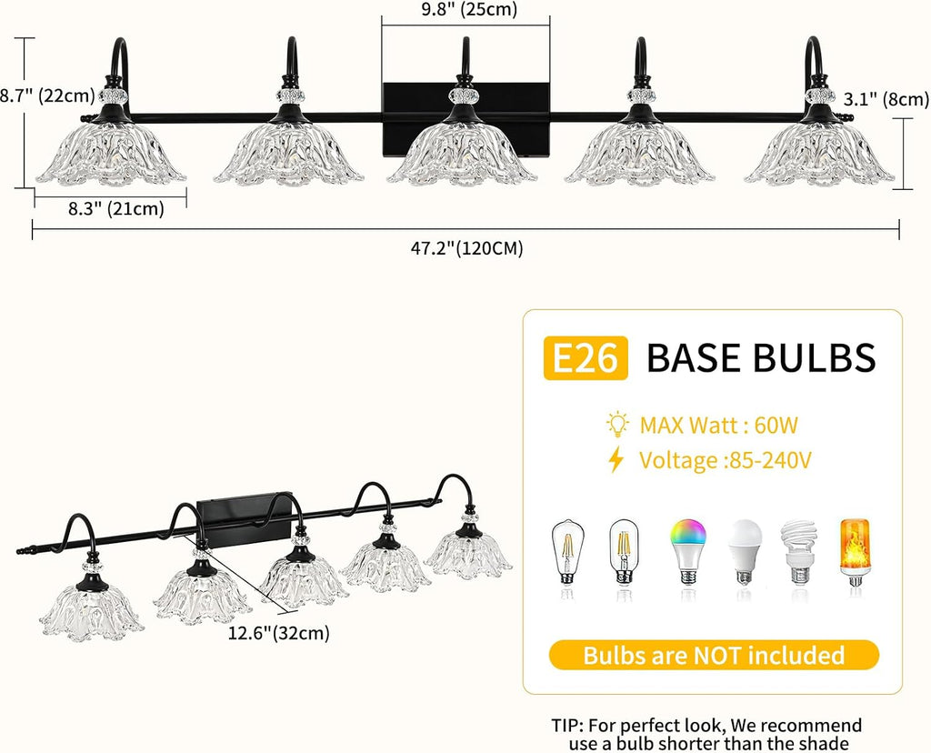 Black Bathroom Vanity Light, 5-Light Vanity Light with Crystal Glass Shades, Vintage Farmhouse Vanity Lighting for Bathroom and Dressing Table