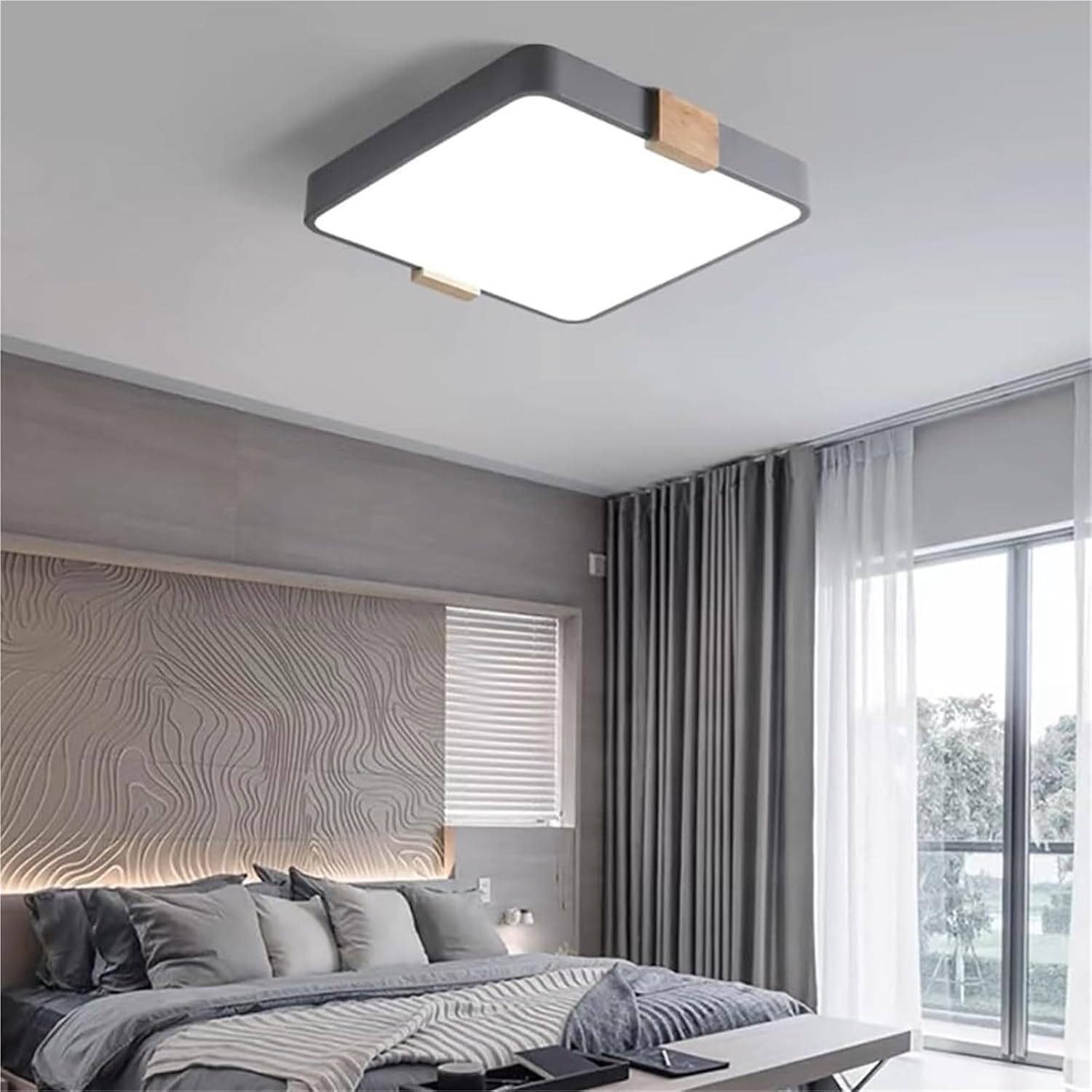 Modern Wood Ceiling Light Square LED Flush Mount Ceiling Light Minimalist Ceiling Lamp Dimmable Ceiling Lighting Fixtures for Kitchen Bedroom Bathroom(Black,23.6in)
