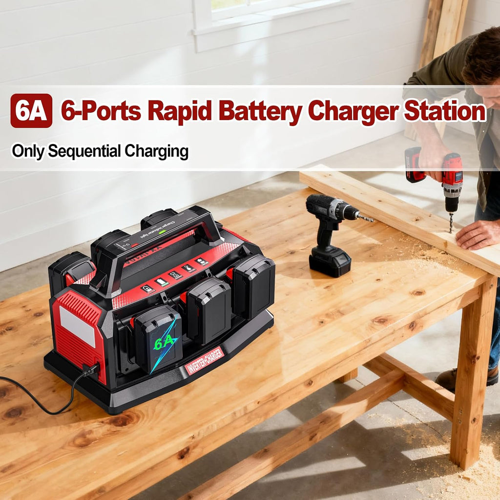 1200W Power Inverter & 6A Rapid Charger for Milwaukee 18V Battery 6-Port DC to AC 110V Converter, 12V Car Socket,3 USB-A/C, LED Light for Camping, Travel, Emergencies