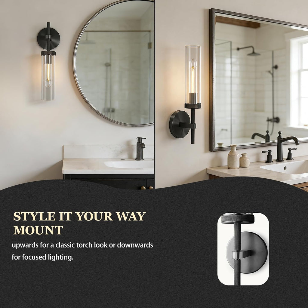 Knurled Wall Sconces Set of Two, Black Wall Sconce Lights, 14' Black Bathroom Wall Sconces, Glass Linear Sconce Wall Lighting, Vanity Lights Bathroom Light Fixture Wall Lights for Living Room