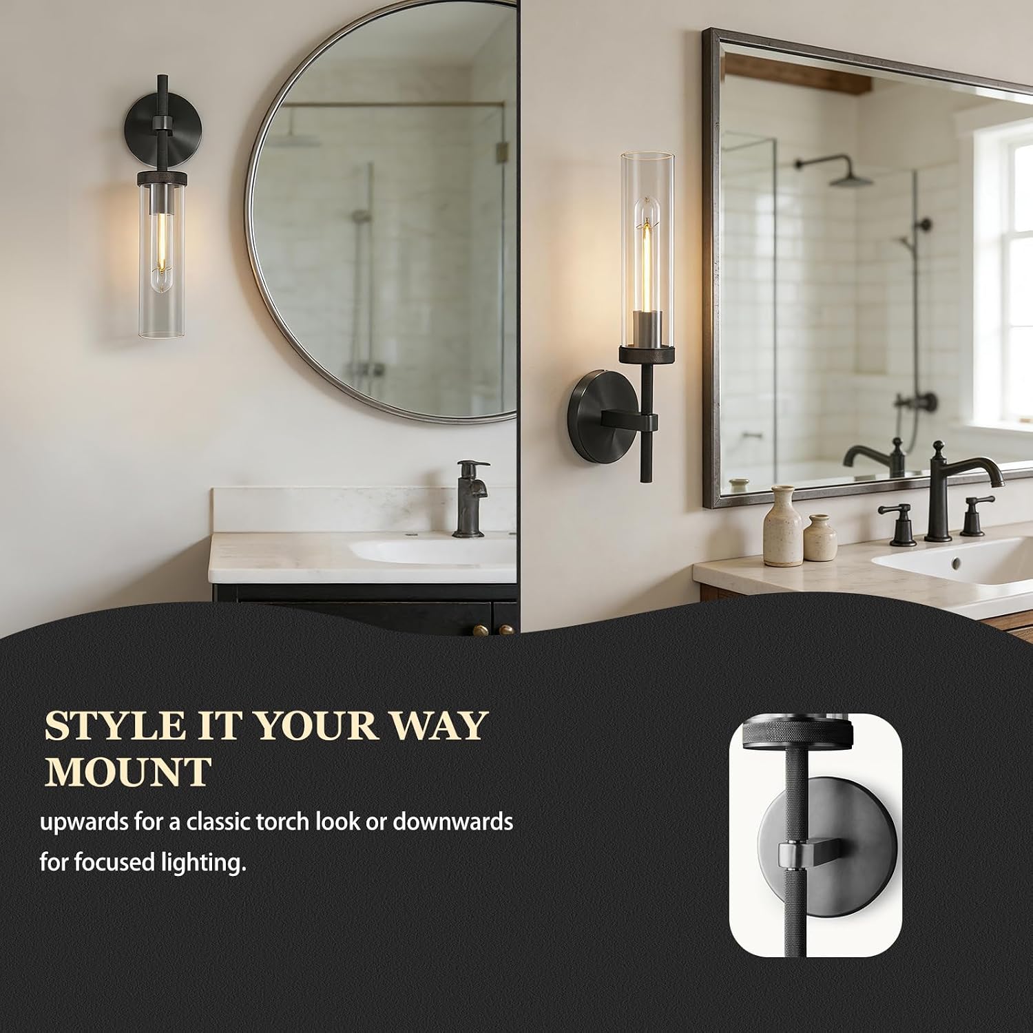 Knurled Wall Sconces Set of Two, Black Wall Sconce Lights, 14' Black Bathroom Wall Sconces, Glass Linear Sconce Wall Lighting, Vanity Lights Bathroom Light Fixture Wall Lights for Living Room