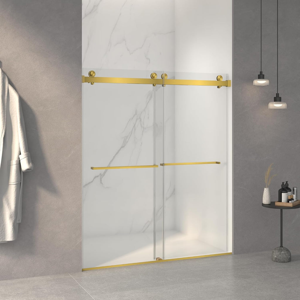 KEIKI 56-60' W x 70' H Frameless Double Sliding Shower Door, 5/16' (8mm) Thick SGCC Tempered Clear Glass, Double Side Easy Clean Coat, Brushed Gold Finished with Buffer