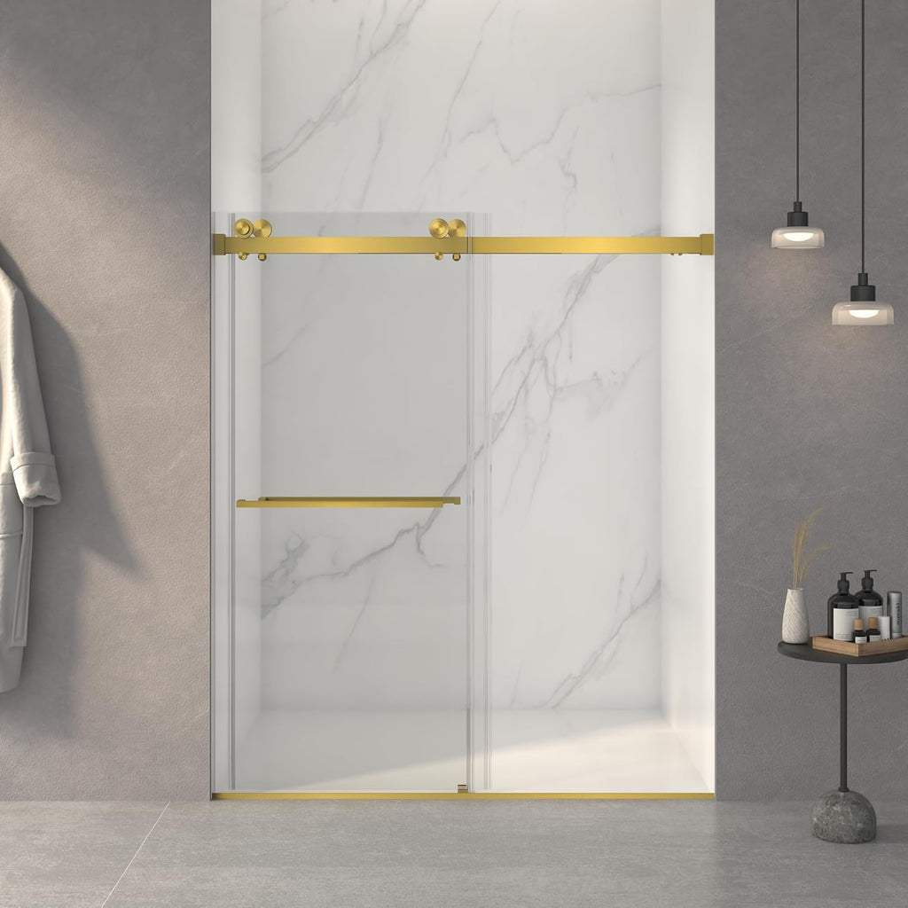 KEIKI 56-60' W x 70' H Frameless Double Sliding Shower Door, 5/16' (8mm) Thick SGCC Tempered Clear Glass, Double Side Easy Clean Coat, Brushed Gold Finished with Buffer