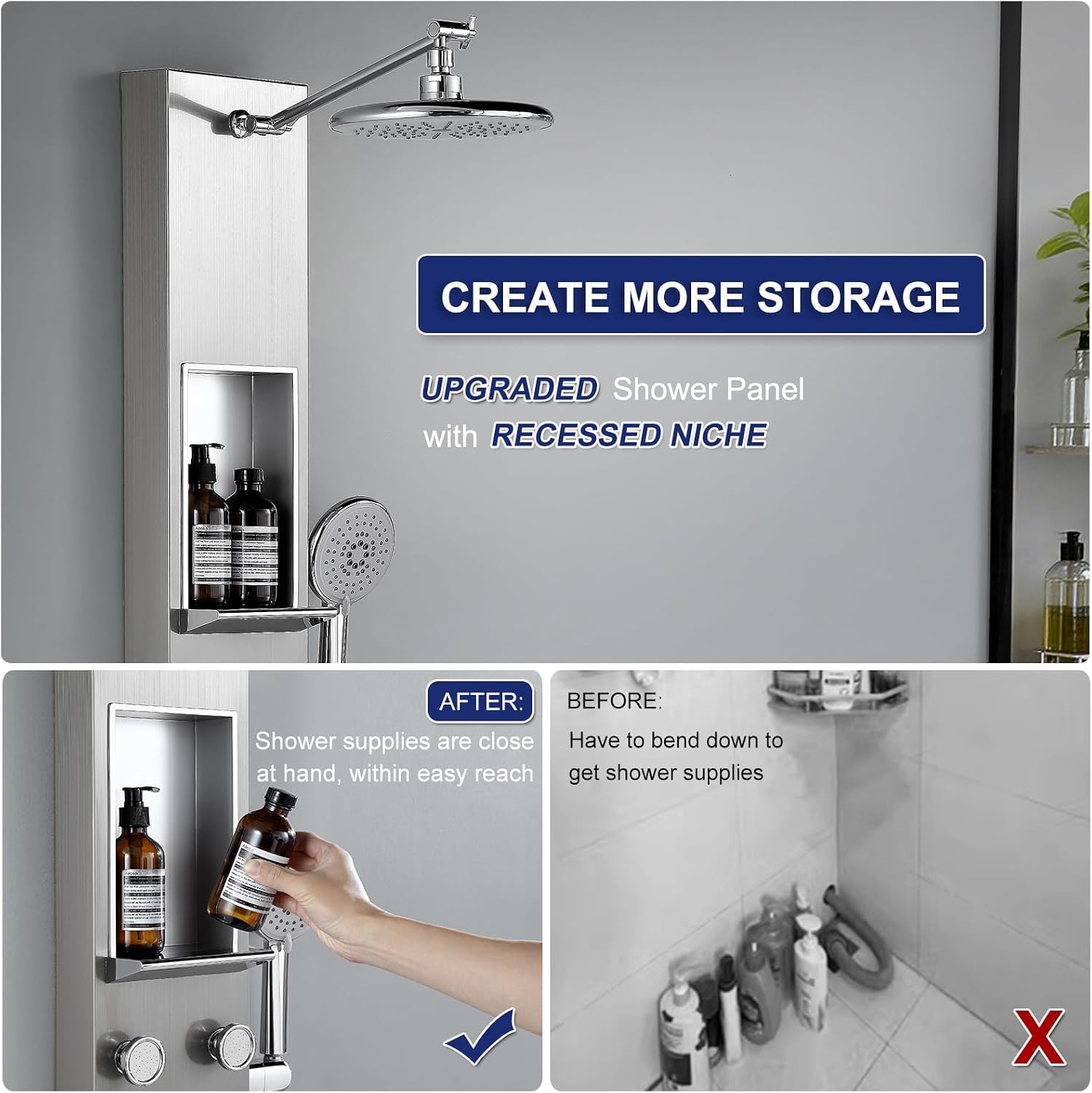 ROVATE Shower Panel Tower System with Shelf, Adjustable Shower Arm, Brushed Shower Tower with 6 Body Jets, Self-Cleaning Rainfall Showerhead & Handheld, Powerful Shower Column Stainless Steel