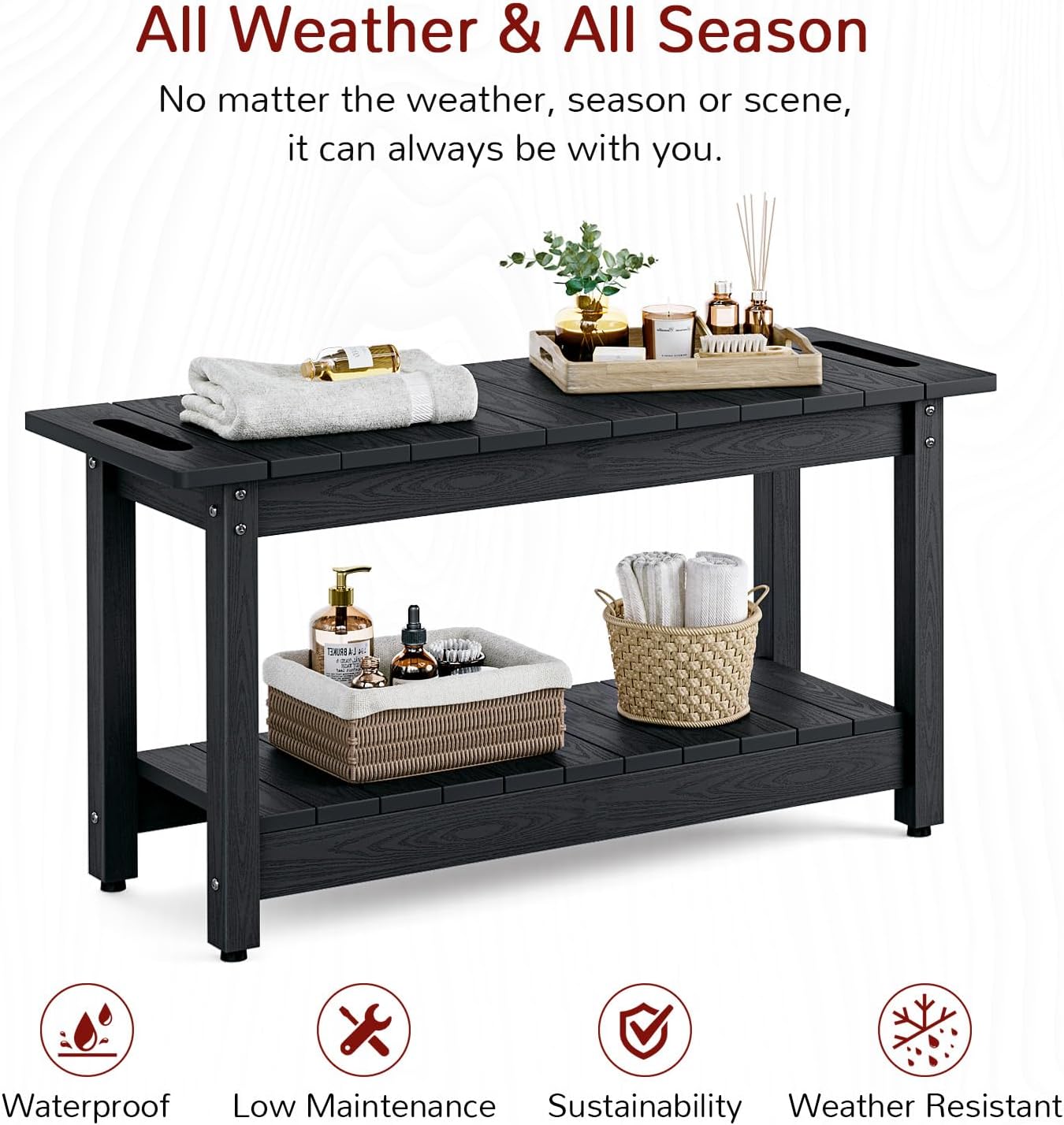 Stoog 35.5' Large Shower Bench, Waterproof Shower Stool with Storage Shelf and Handles, Adjustable and Non-Slip Feet, Shower Chair for Inside Shower, Black
