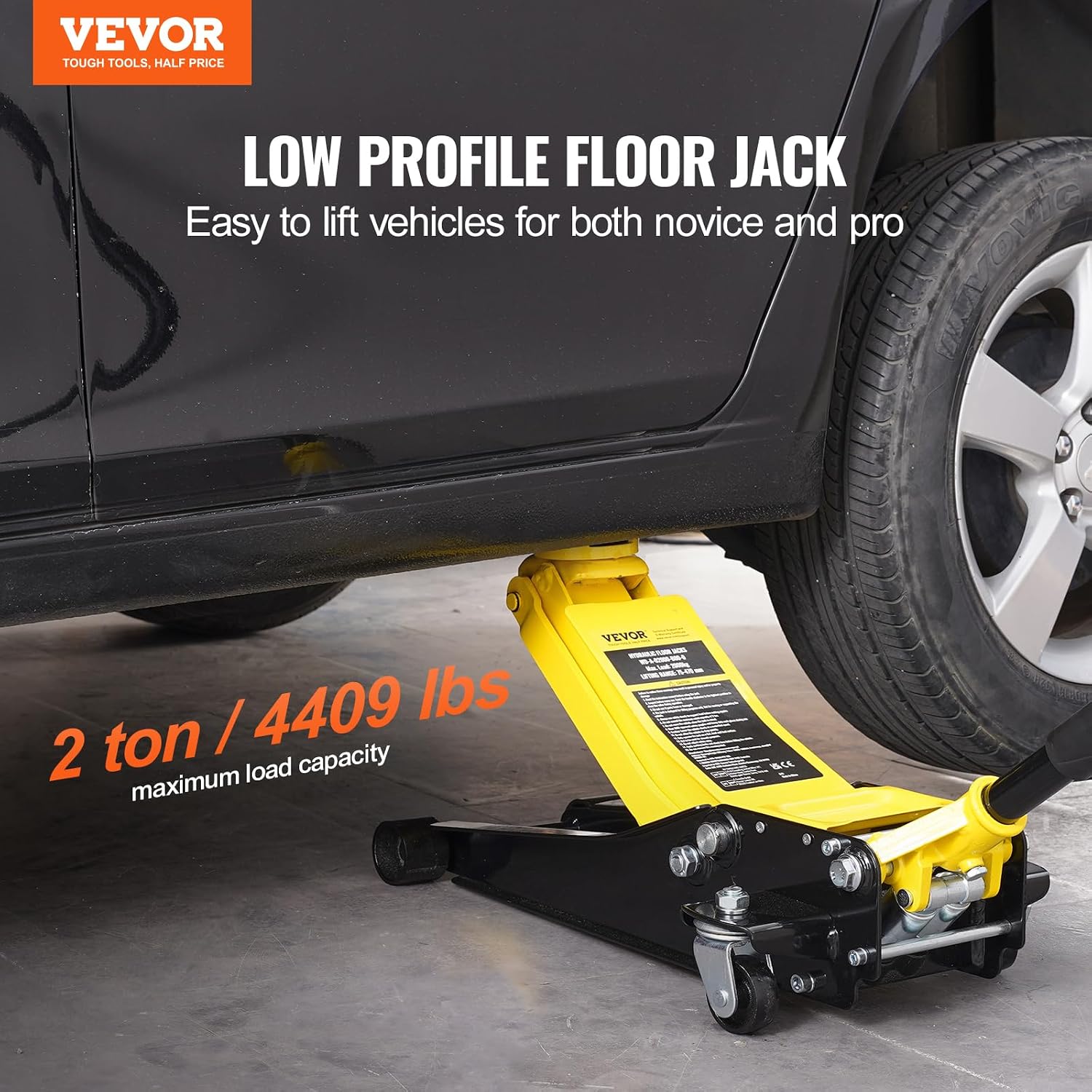 VEVOR Low Profile Floor Jack 2 Ton (4400 lbs), Heavy Duty Iron Hydraulic Racing Floor Jack, Hydraulic Car Jack, Dual Piston Quick Lift Pump, 3'-18.5' Height Lifting Range (Yellow)