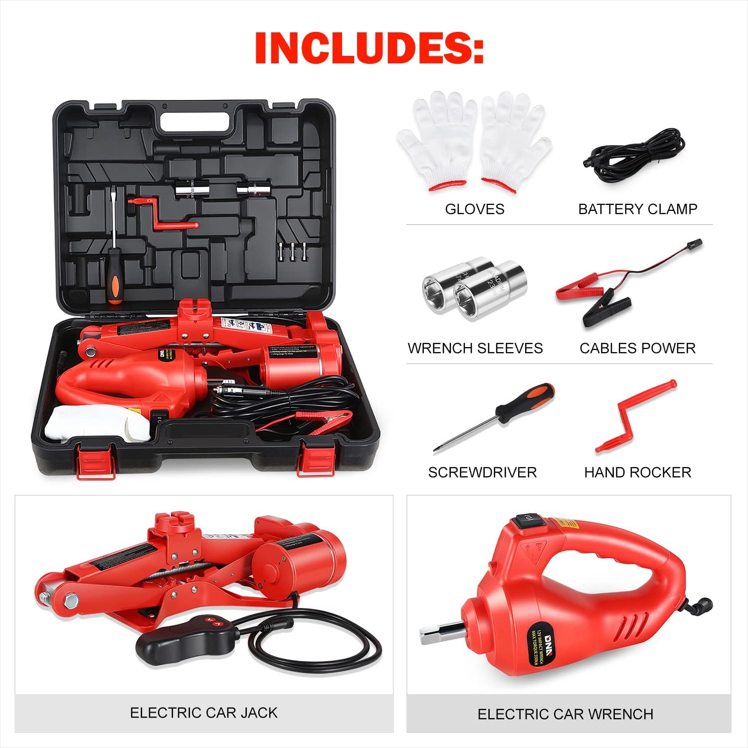 DNA Motoring 3T Portable Electric Scissor Lift Jack Kit - 4.7'' - 13.8''(12-35cm) 12V Lifting Range Electric Car Jack & Impact Wrench for Auto Sedan SUV Repair, TOOLS-00281
