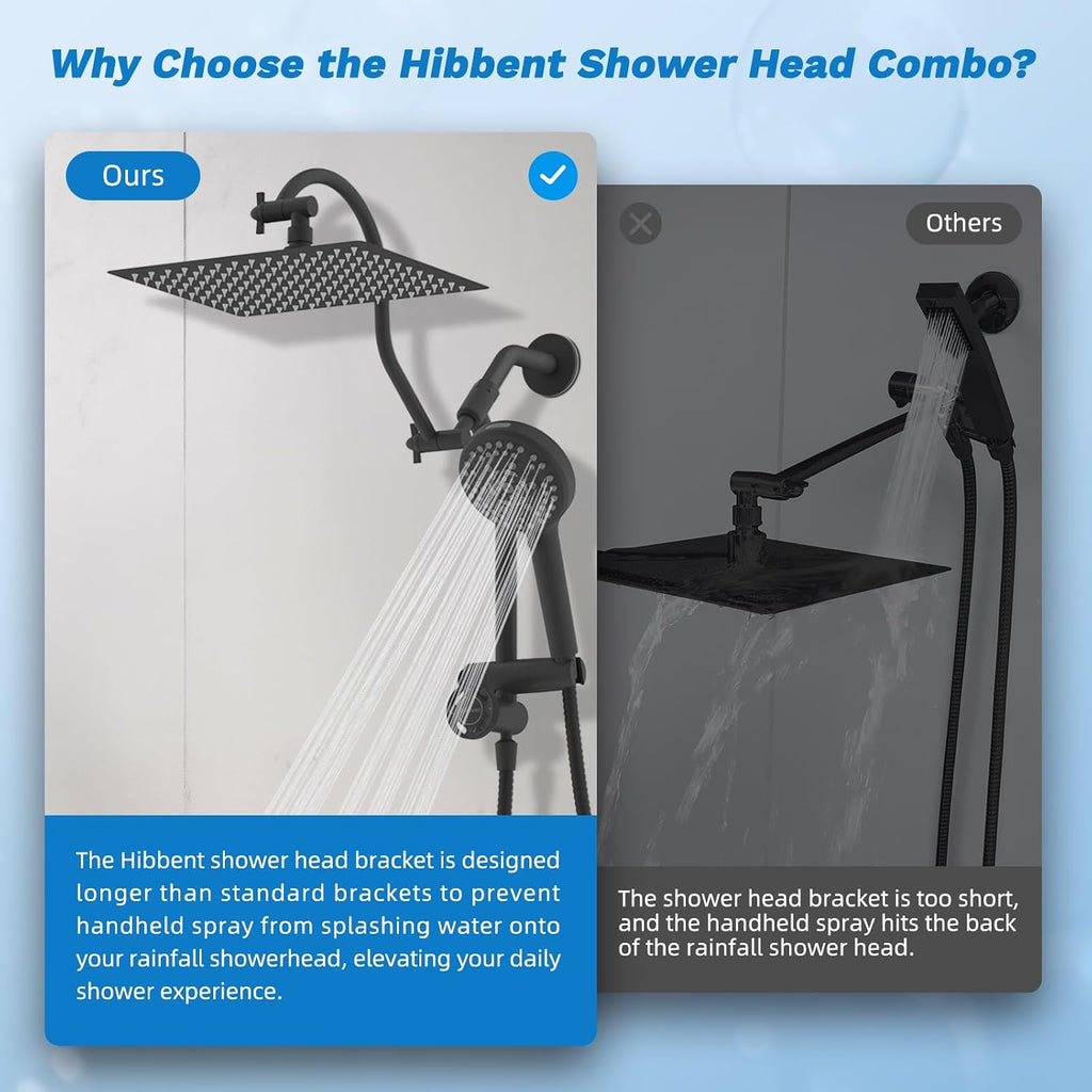 Hibbent cUPC Certified All Metal 12' Rainfall Showerhead Combo, High Pressure Shower Head with 10-Sprays Handheld, Innovative 4-way Diverter with Pause Mode, 71'' Shower Hose and Holder, Matte Black