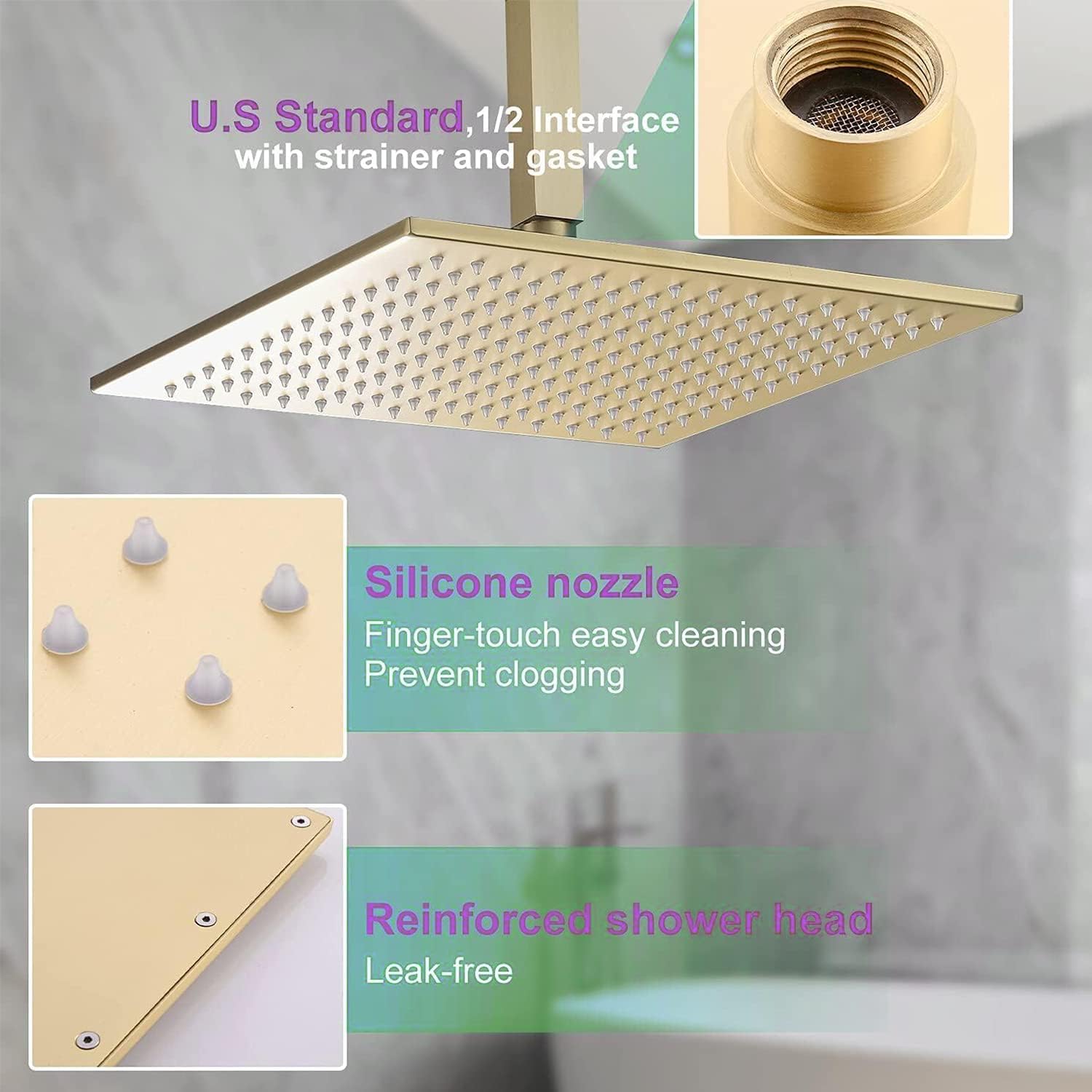 Brushed Gold Rain Shower System with Body Jet, HOMEDEC 12inch LED Rainfall Shower Head System Thermostatic Faucet Set with Body Spray and Handheld
