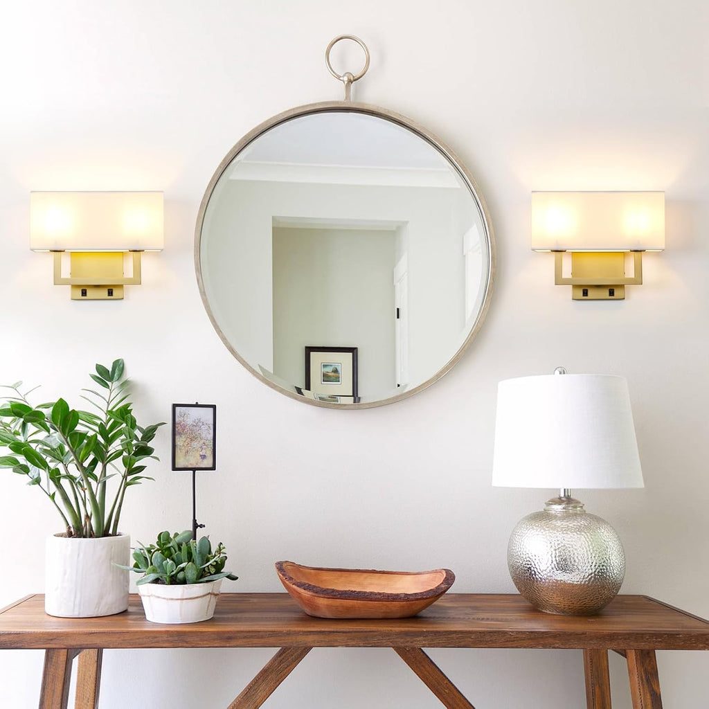 Yosoan Set of 2 Indoor Bedside Wall Sconce with On Off Switch, Modern Boho Interior Finish Brass 2-Light Vanity Vintage Industrial with Square White Fabric Shade for Reading Room Hallway(Antique)