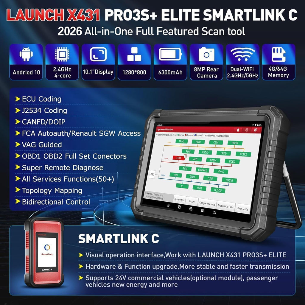 LAUNCH X431 PRO3S+ Elite with SmartlinkC 2.0,2026 Bi-Directional Scan Tool with J2534,OEM Topology Map, HD Truck Scan,ECU Code,CANFD &DOIP,FCA AutoAuth,60+ Service,2 Years Update