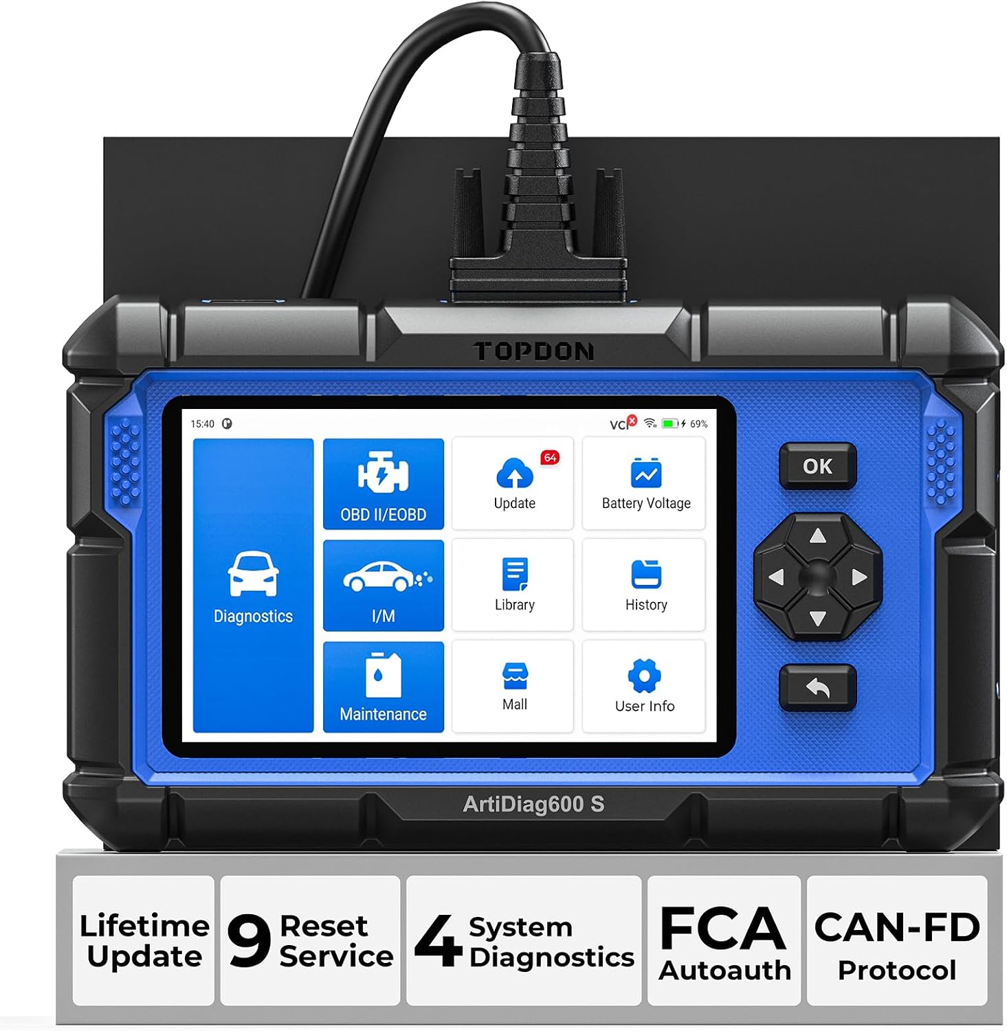 OBD2 Scanner TOPDON AD600S Scan Tool, Code Reader, Diagnostics Scanner for ABS/SRS/AT/Engine, 9 Reset Services, CAN-FD, Oil/Brake/BMS/SAS/DPF/TPMS/ETS Reset/ABS Bleeding/Injector Coding, Free Upgrade