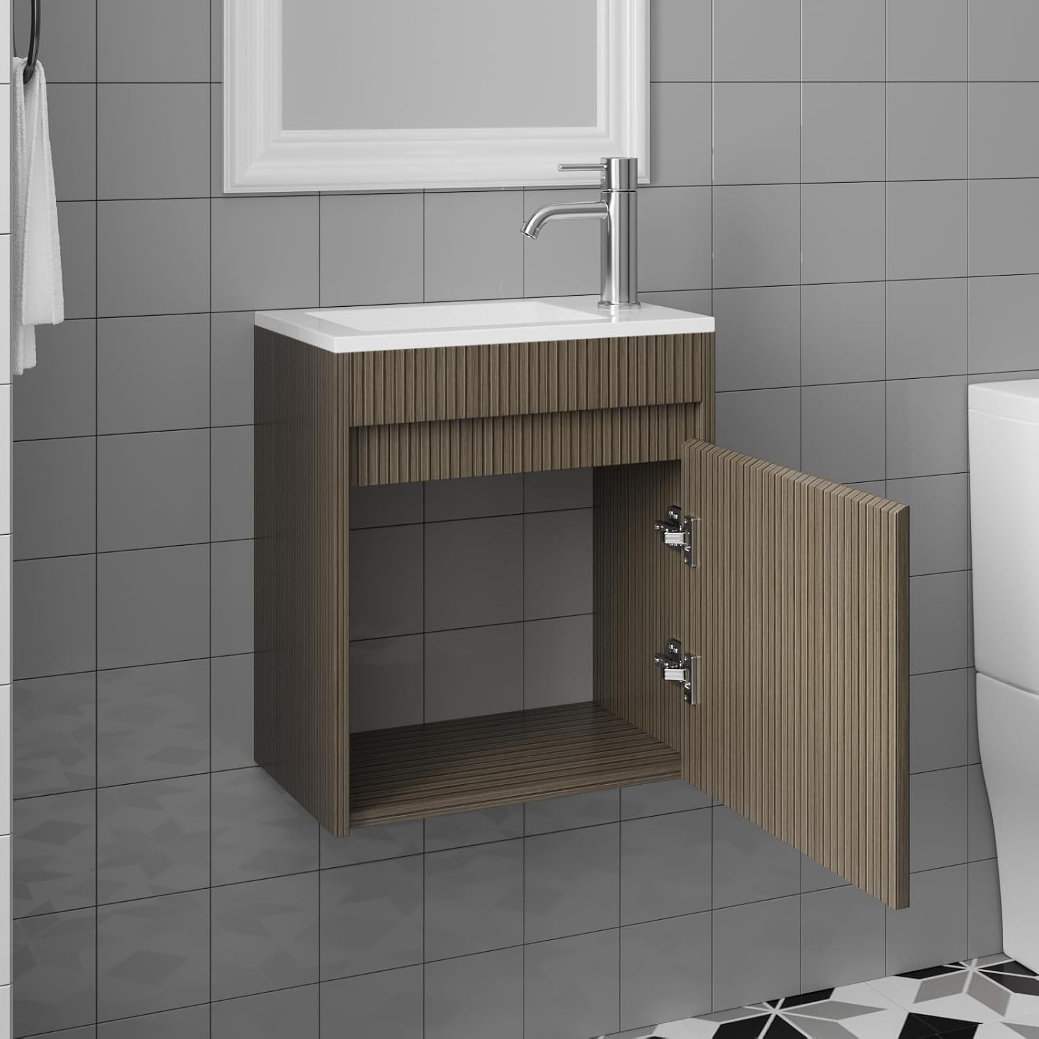 wonline 16' Small Bathroom Vanity Sink Combo Modern Wall Mounted Floating Cabinet W/Resin Basin Sink Top, Chrome Water Save Faucet & Pop Up Drain