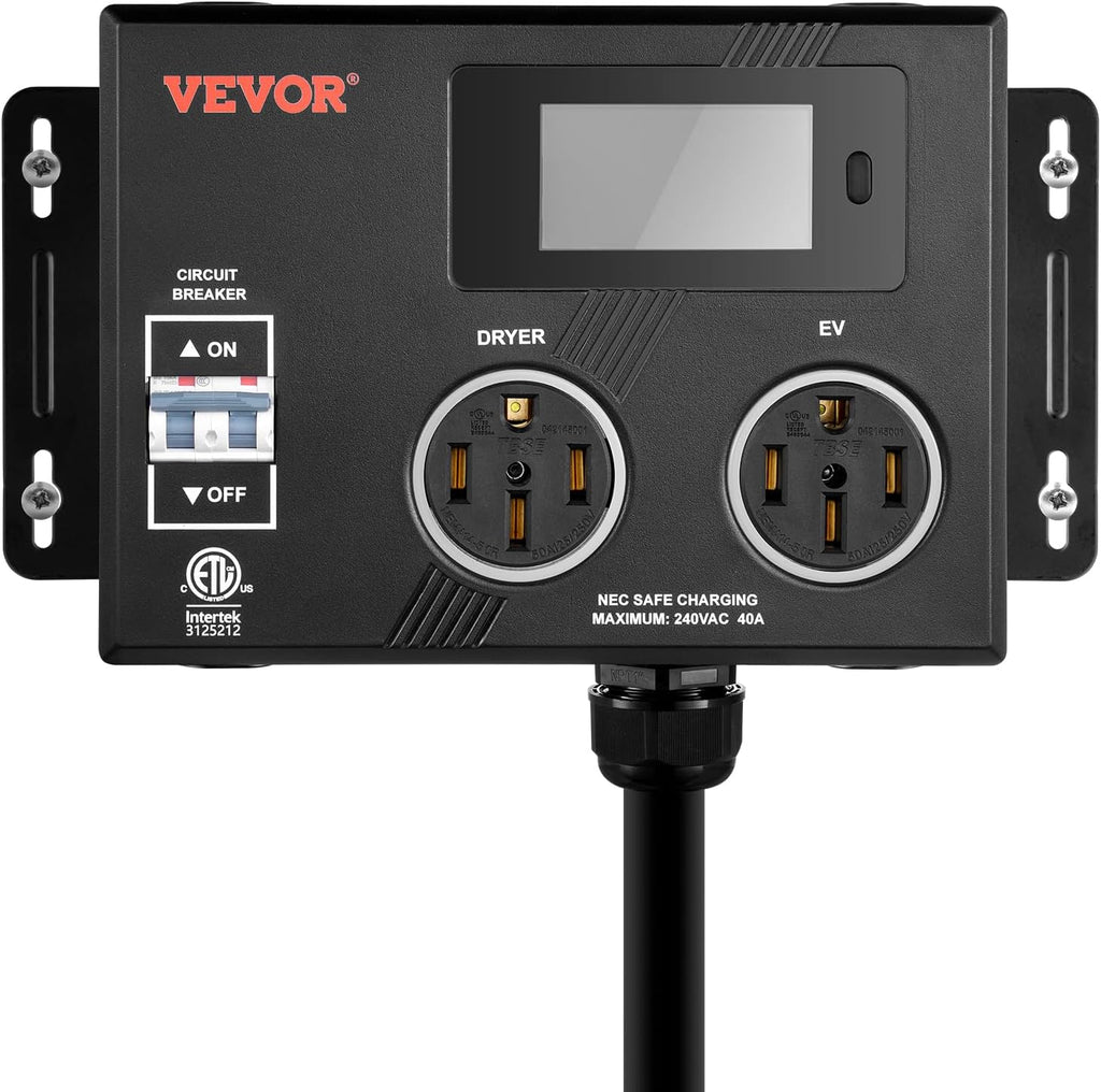 VEVOR NEMA Splitter for Dryer and EV, 3-Color LED Indicator, 240V Smart Power Distribution, with NEMA 14-50 Plug, Two NEMA 14-50 Outlets, 3.4 in LCD Screen, Max 40A Dryer EV, Tested to ETL Standard