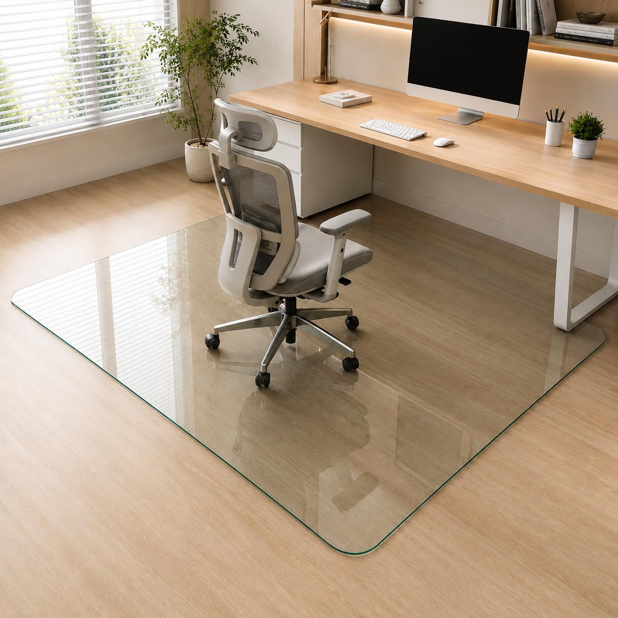 48 x 72 Inch Glass Chair Mat, 1/5 Inch Thick Tempered Glass Office Chair Mat for Carpet and Hardwood Floors, Heavy Duty Clear Desk Floor Protector with Rounded Corners and 8 Non-Slip Pads