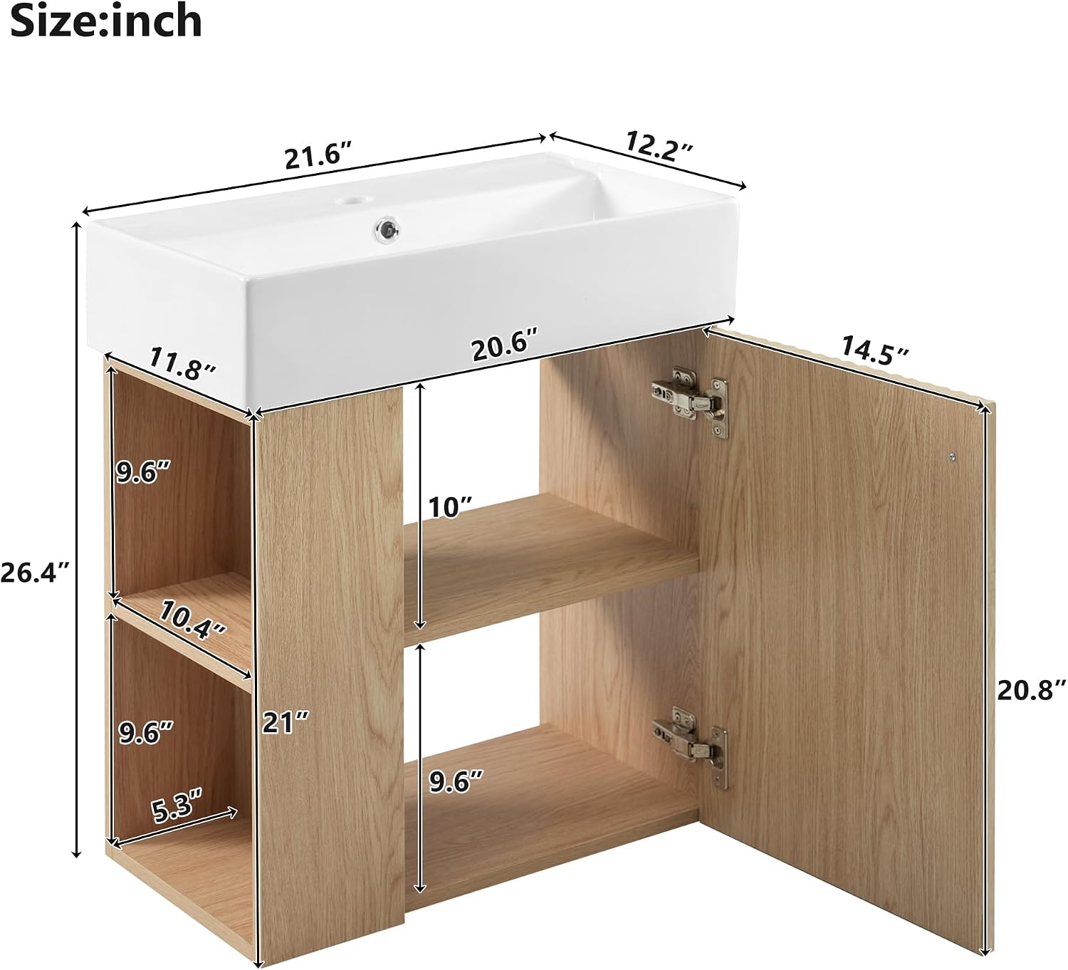 21.6-inch Bathroom Vanity with Sink Combo, Wall-Mounted Single Storage Cabinet with One Cabinet & Left 2-Tier Shelves, Wooden Vanity with Ceramic Basin for Bathroom, Wood