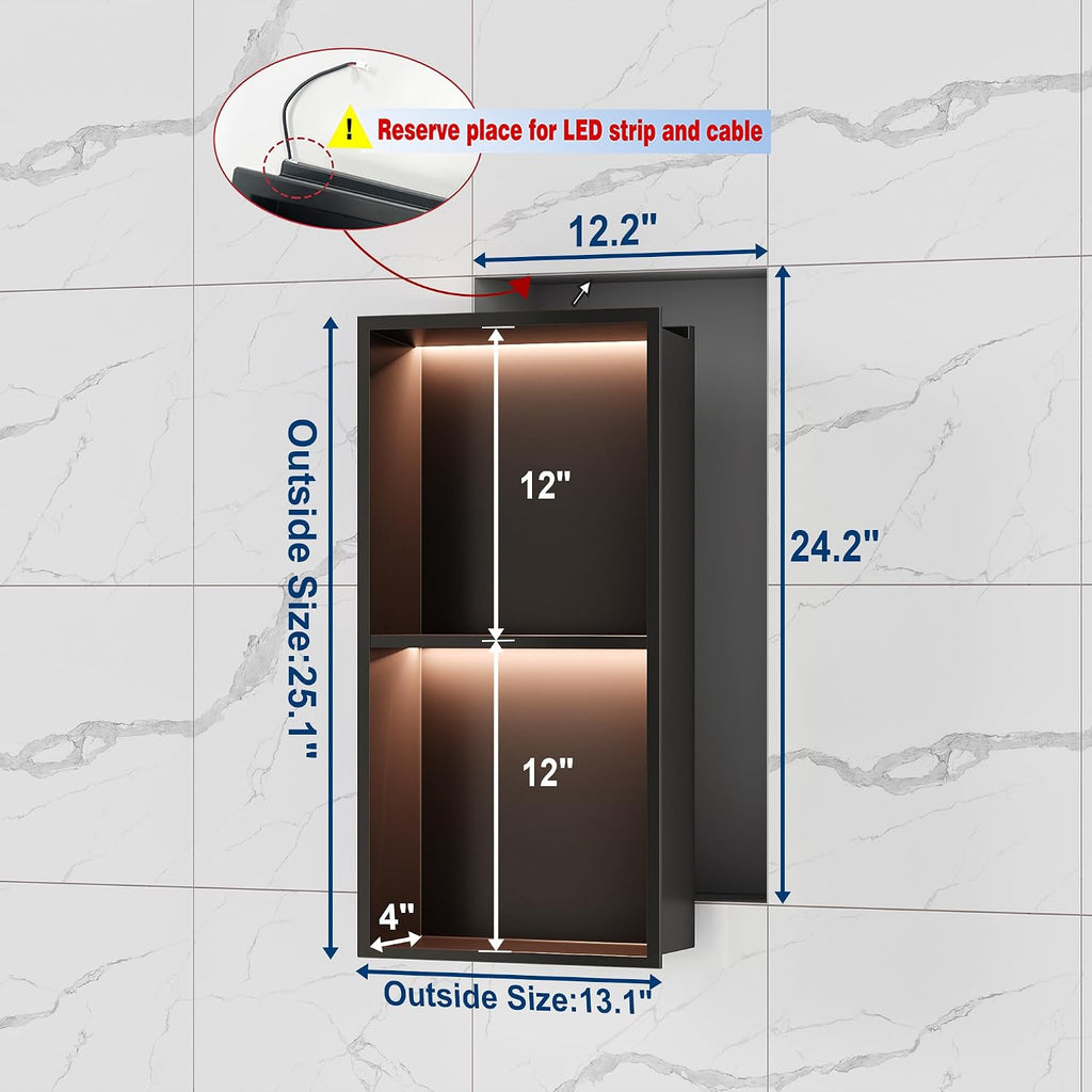2-Tiers 12x24 Shower Niche, RGB LED Light Strips, Matte Black Wall Cabinet Shlef, Stainless Steel NO Tile Needed Recessed Wall Niche for Bathroom Storage Organizer