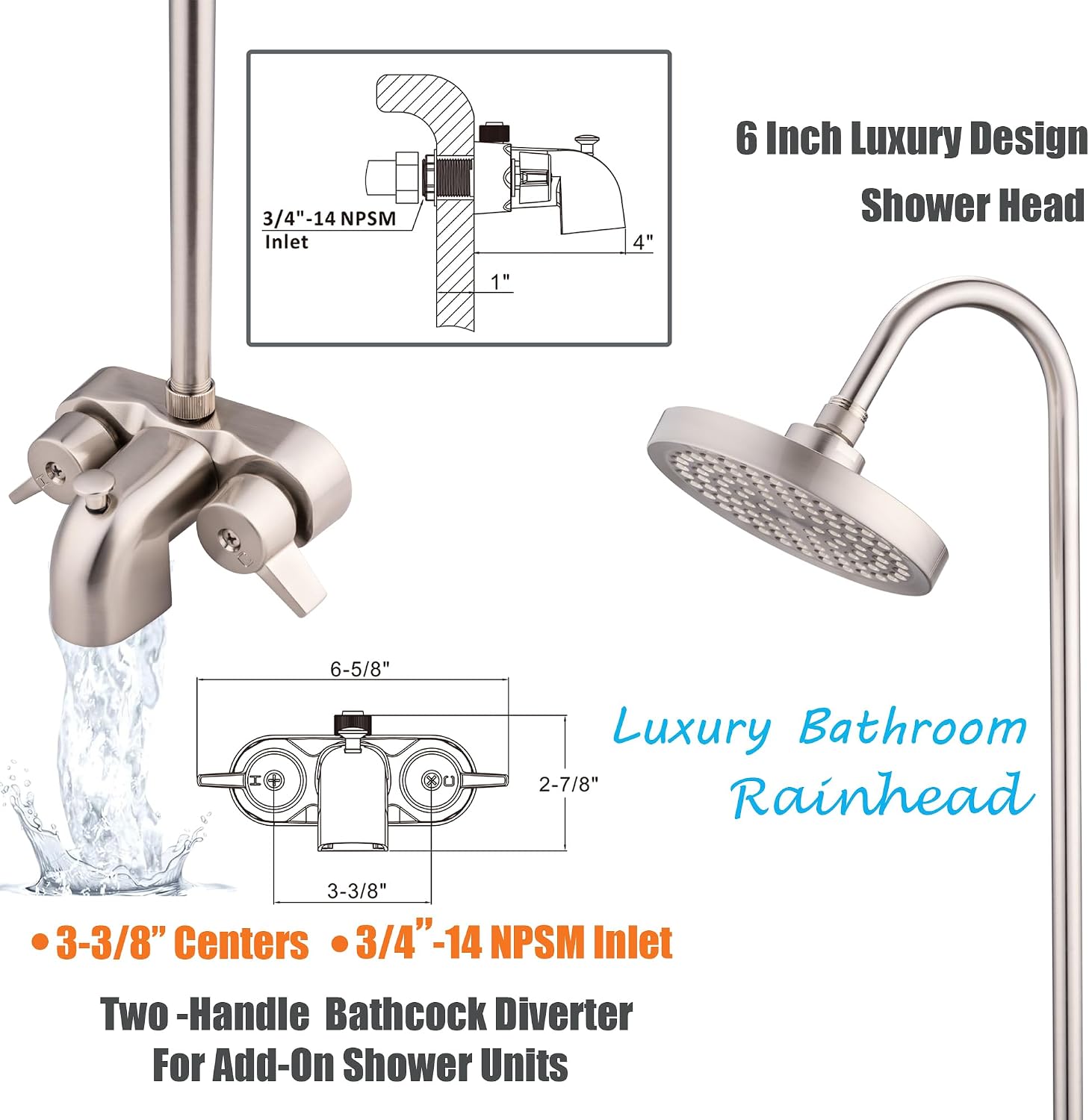 Clawfoot Tub Shower Kit, Add On Shower Units With Bathcock Diverter Faucet and 48' X 27' Rectangular Claw foot Tub Shower Curtain Rod Kit,Claw foot Tub Shower Faucet Set,Brushed Nickel