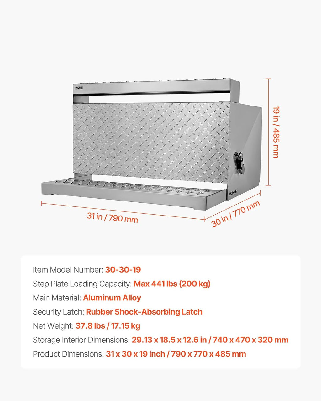 VEVOR Semi-Truck Step Tool Box, 31' x 30' x 19' Heavy Duty Aluminum Diamond Plate Toolbox, Waterproof Cab Entry Step Storage Box with Shock-Absorbing Latch for Flatbed, Crane, and Semi Trucks