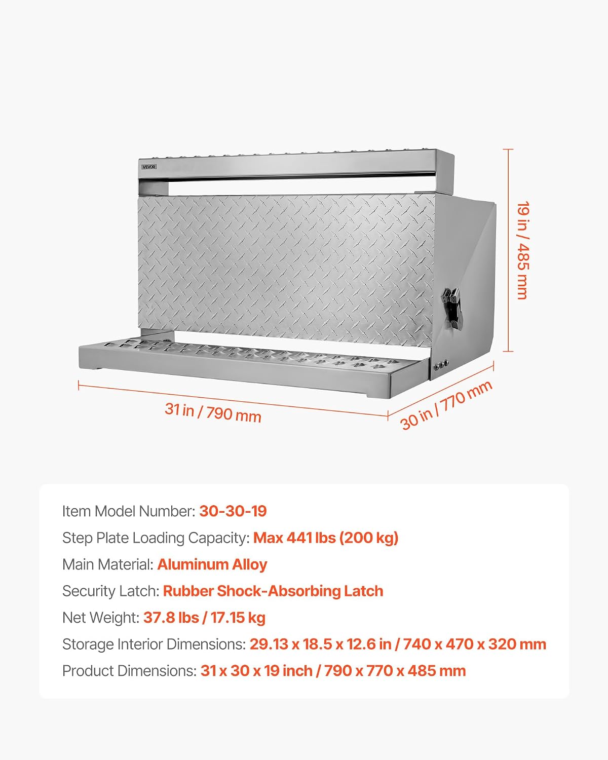 VEVOR Semi-Truck Step Tool Box, 31' x 30' x 19' Heavy Duty Aluminum Diamond Plate Toolbox, Waterproof Cab Entry Step Storage Box with Shock-Absorbing Latch for Flatbed, Crane, and Semi Trucks