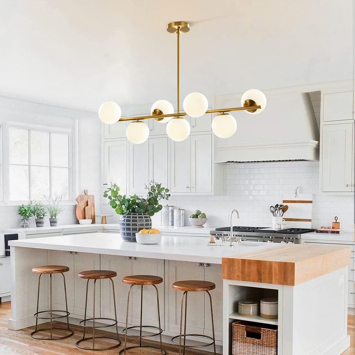 KCO Lighting Modern Brass Linear Chandelier Pendant Light 7-Lights Gold and White Glass Pendant Lighting Mid Century Globe Dining Light Fixture for Living Room Kitchen