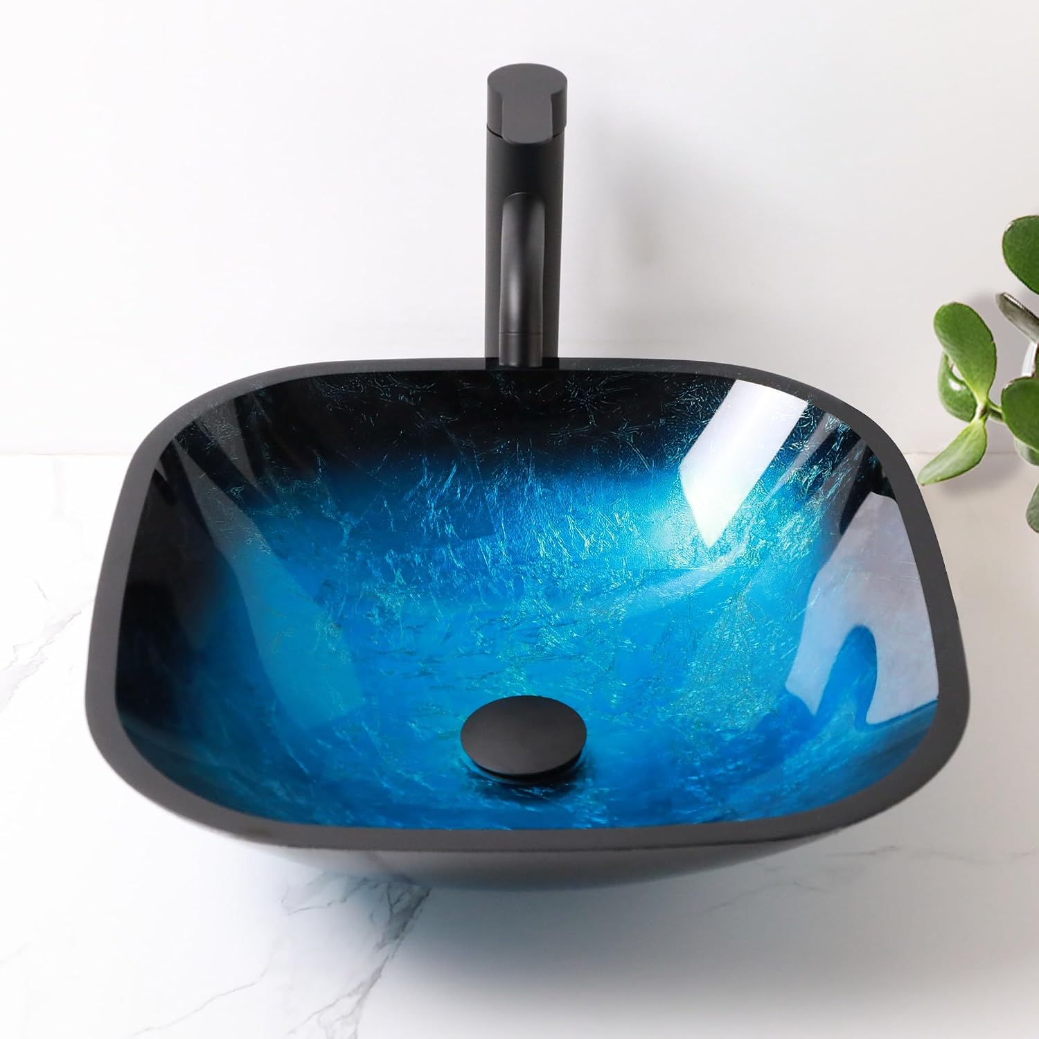 Sarlai Bathroom Vessel Sink Tempered Glass Bowl Square Vessel Sink with Faucet and Pop-up Drain Combo 16-3/4 x 16-3/4 Inch Matte Black Countertop Bathroom Sink Basin