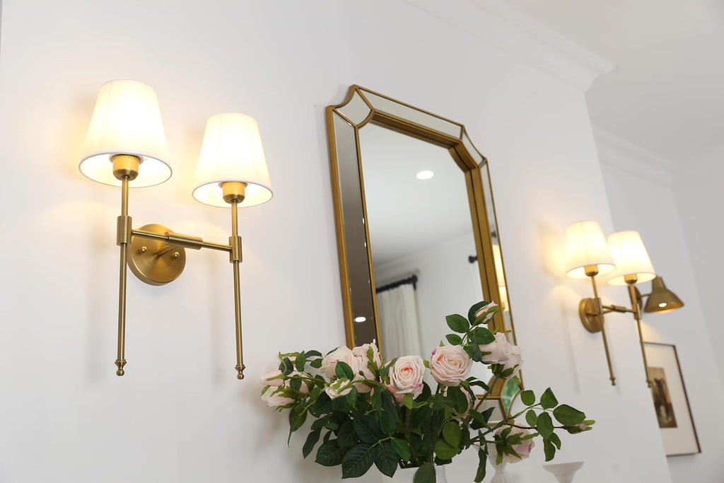 PERMO Classic Rustic Double Sconce Large 2-Lights Wall Sconce with Flared White Textile Lamp Shade and Antique Brass Finished Long Arm, Wall Sconce Light Fixture for Living Room Bathroom Bedroom
