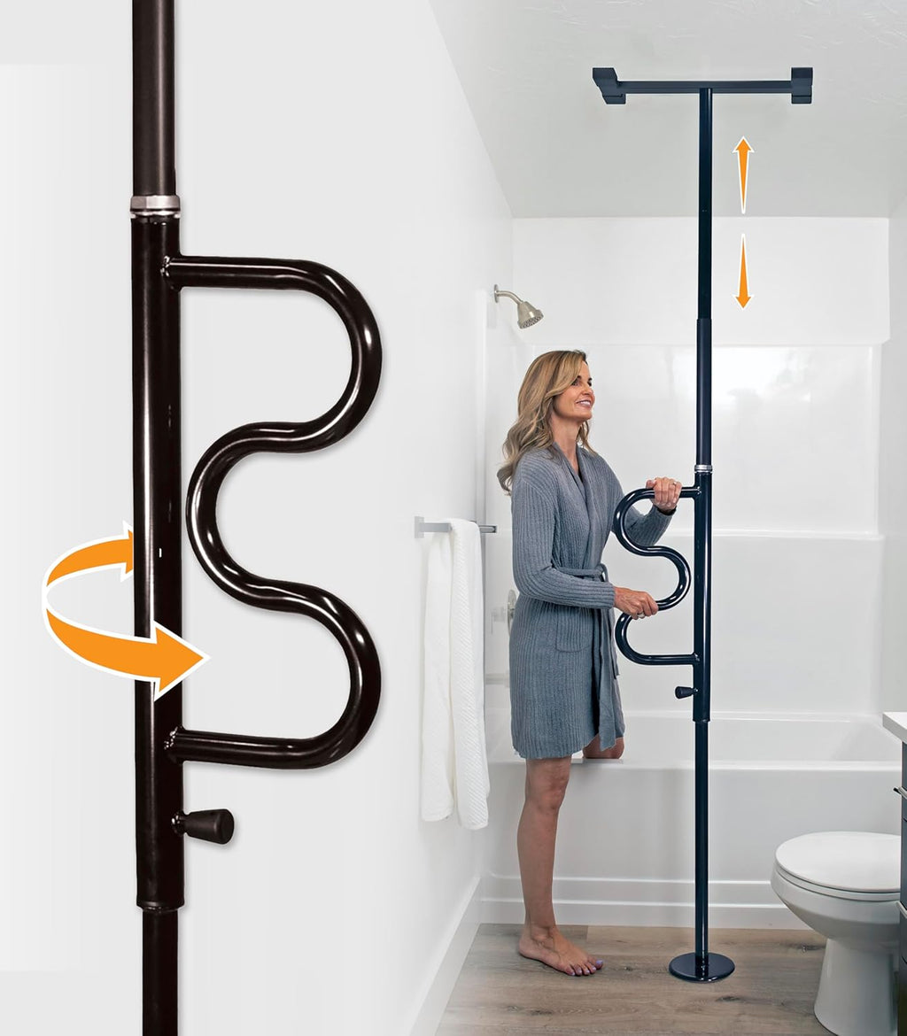 Stander Wonder Pole Plus with Rotating Double Grab Bar, Tension Mounted Security Pole for Seniors & Elderly Adults, No-Drill Floor to Ceiling Transfer Pole for Home & Bath Safety, Black