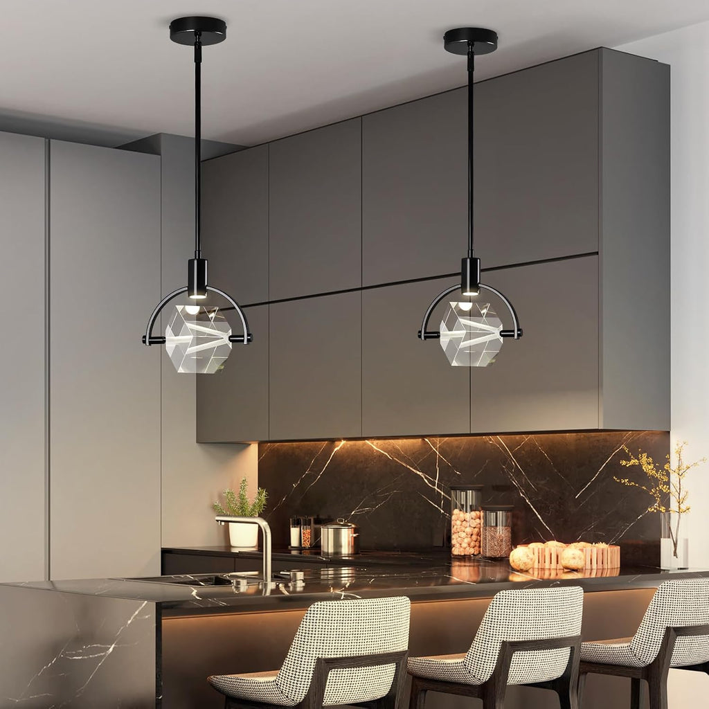 Pendant Ceiling Light Fixture for Kitchen Island, Modern Mini Integrated LED Hanging Light, Crystal Pendant Light in Black, Bedroom, Dining Room, Bar (1-Lights)