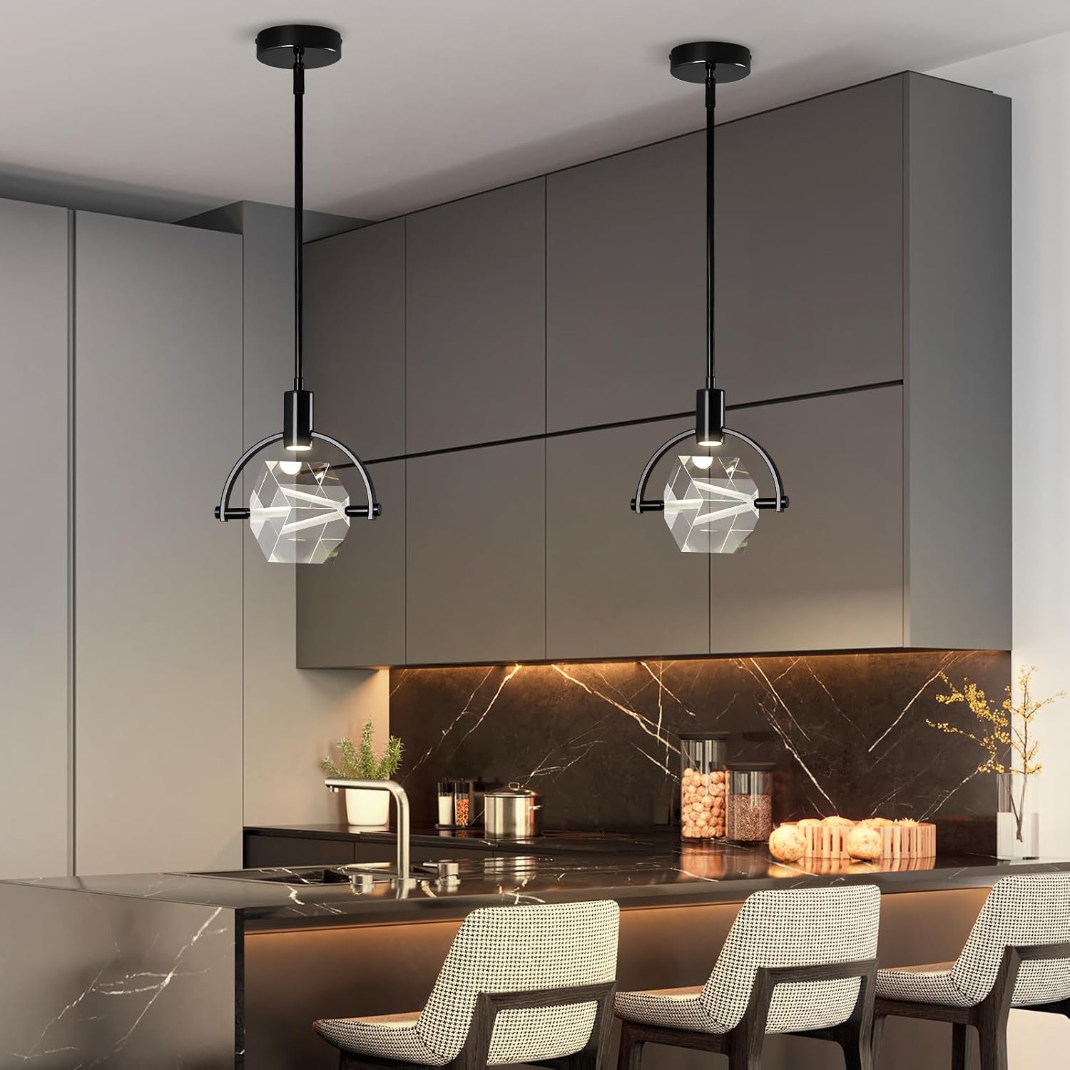 Pendant Ceiling Light Fixture for Kitchen Island, Modern Mini Integrated LED Hanging Light, Crystal Pendant Light in Black, Bedroom, Dining Room, Bar (1-Lights)