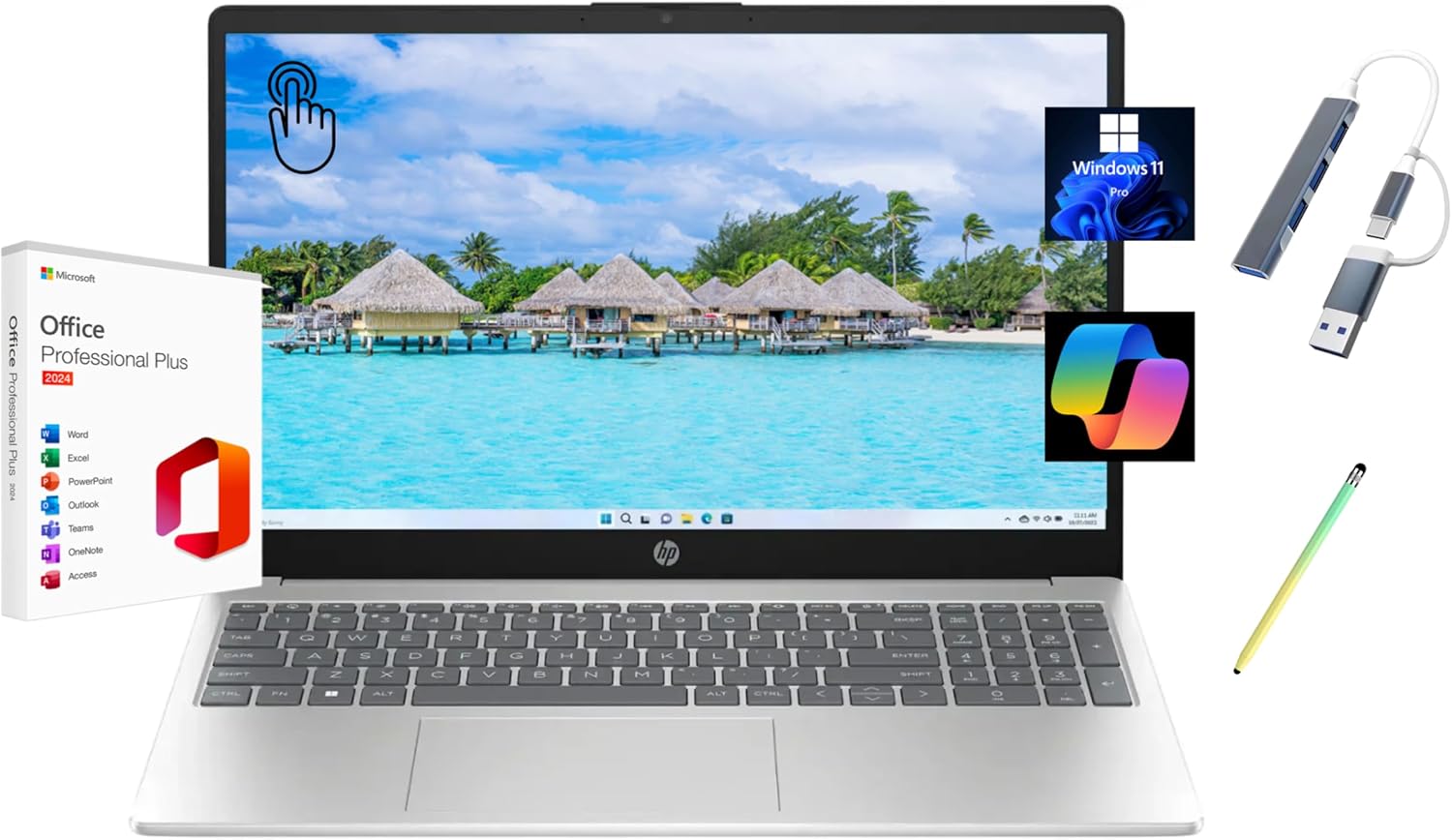 HP 2025 15.6' HD Touchscreen Laptop, Free Lifetime Microsoft Office 2024, Intel Core i3-1315U (Beats i5-1135G7), 8GB RAM, 256GB SSD, Windows 11 Pro, Natural Silver, Copilot, with USB Hub&Stylus Pen