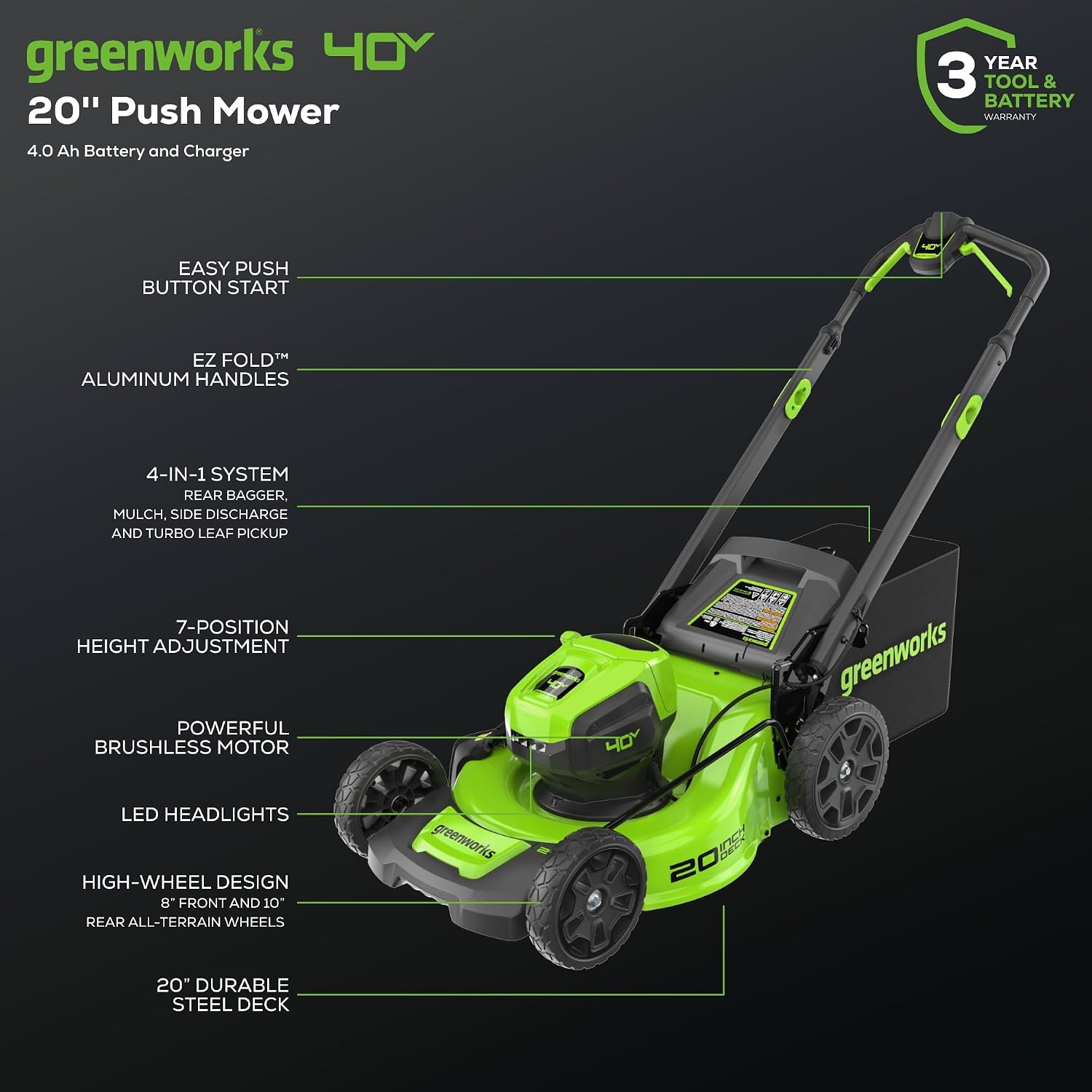 Greenworks 40V 20' Cordless Battery Push Lawn Mower, 13' String Trimmer & 350 CFM Leaf Blower w/ 4.0Ah Battery & Charger