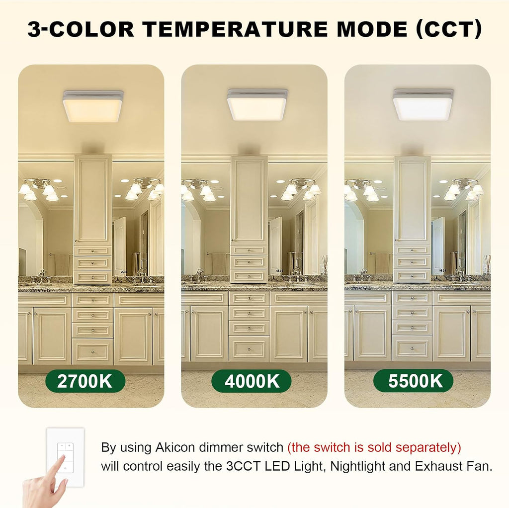 Akicon Bathroom Exhaust Fan with Light, 80CFM 2.0 Sones Powerful Bathroom Fan and Humidity Sensor Switch Combo, 3CCT LED Light and Nightlight Ventilation Fan for Home, Square, White