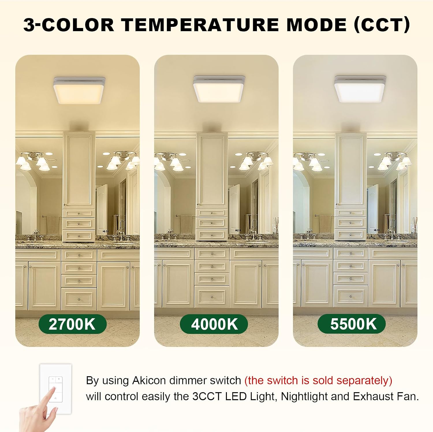 Akicon Bathroom Exhaust Fan with Light, 80CFM 2.0 Sones Powerful Bathroom Fan and Humidity Sensor Switch Combo, 3CCT LED Light and Nightlight Ventilation Fan for Home, Square, White
