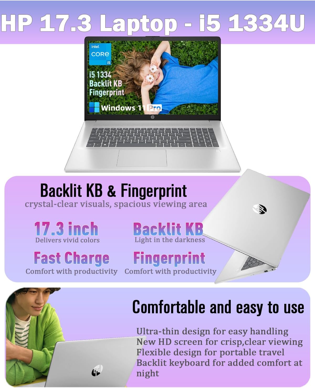 HP Flagship 17 Laptop Computer, Intel 10-Core i5-1334U, Backlit Keyboard, 20GB RAM, 1TB SSD, Windows 11Pro, Fingerprint Reader, 17.3 inch Anti-Glare Display, Fast Charge, Wi-Fi 6, w/Accessories