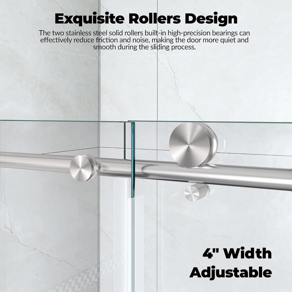 Frameless Bathtub Shower Door 56–60 inch W × 59 inch H, Sliding Tub Door with Fixed Panel, 8mm Tempered Glass, Stainless Steel Round Rail, Adjustable Shower Door for Bathroom