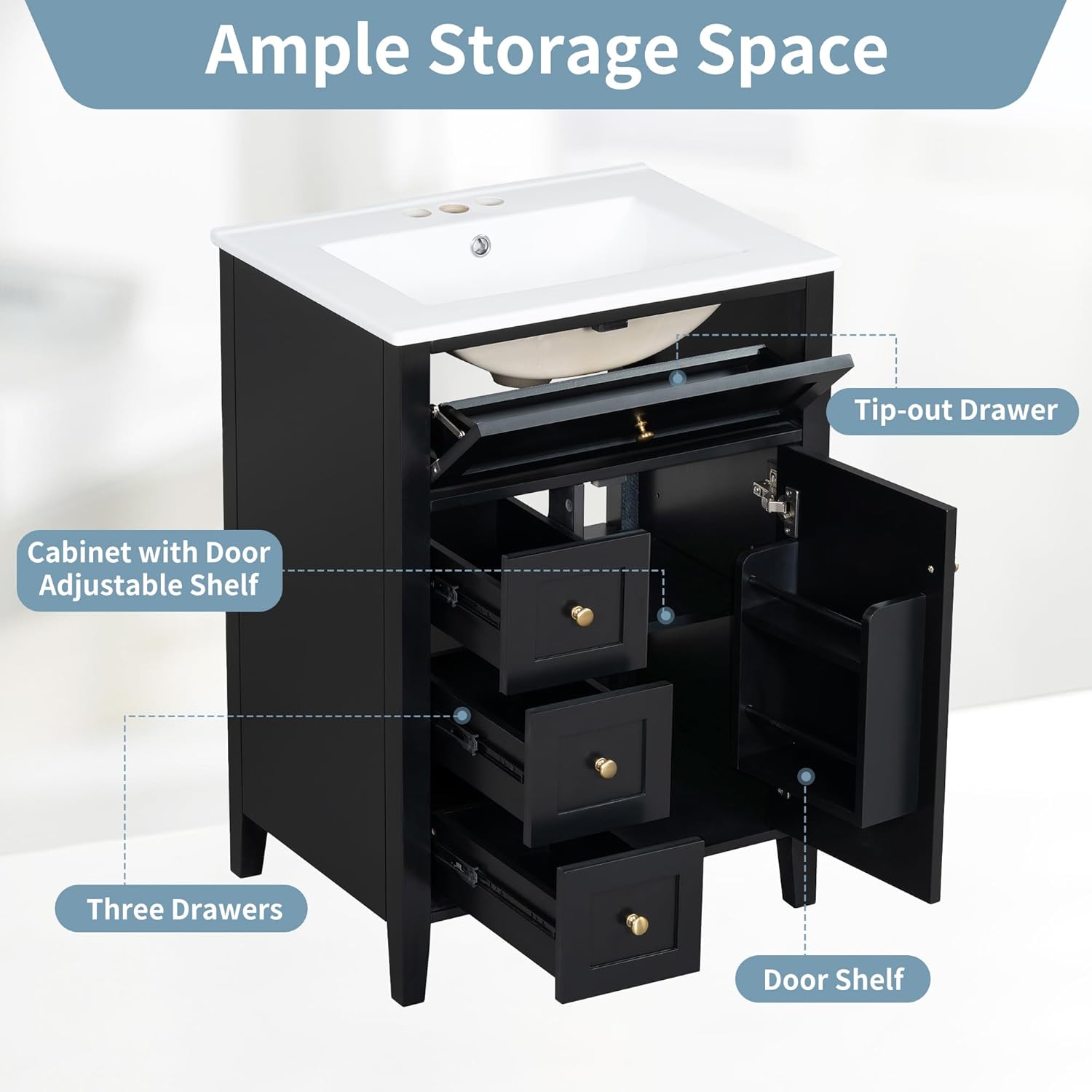 24-inch Bathroom Vanity with Sink Combo, Free-Standing Single Storage Cabinet with Tilt-Out Drawer, 3 Drawers, Adjustable Shelf & Storage Rack, Vanity with Ceramic Basin for Bathroom (Black)