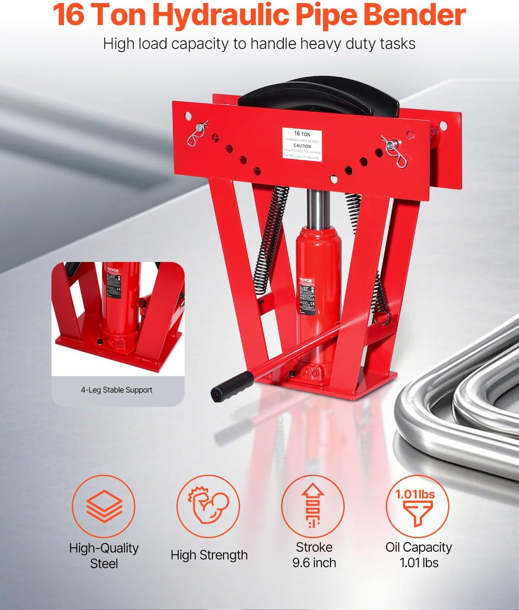 VEVOR Hydraulic Pipe Bender, 16 Ton Manual Copper Exhaust Pipe Bending Machine with 8 Dies (1/2' - 3') and 90-180° Adjustable Rollers, Heavy-Duty Pipe Tube Bender for Piping Railing Construction