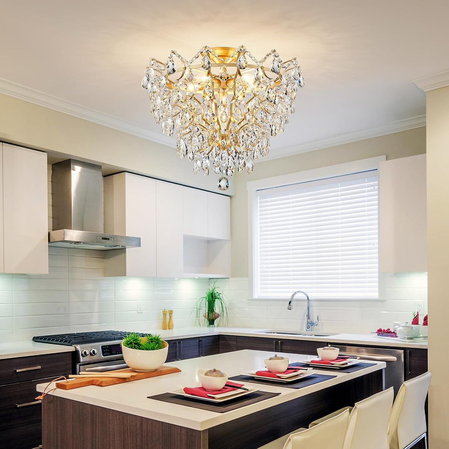 WUZUPS 6-Light Crystal Chandelier Ceiling Light Modern Lighting Fixture for Bedroom Hallway Bar Kitchen Bathroom, H 15.6' W 20.1', E12 Base, Gold