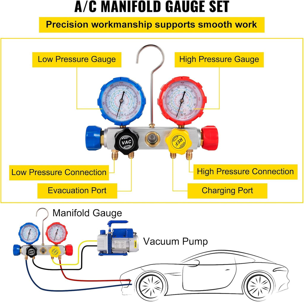 VEVOR Vacuum Pump 4.8CFM 1/4 HP Single Stage HVAC A/C Refrigeration Kit 5PA Ultimate Vacuum Manifold Gauge Set R12 R404A R410A R134A R22 HVAC AC, Manifold Gauge and Hose for Air Conditioning Systems