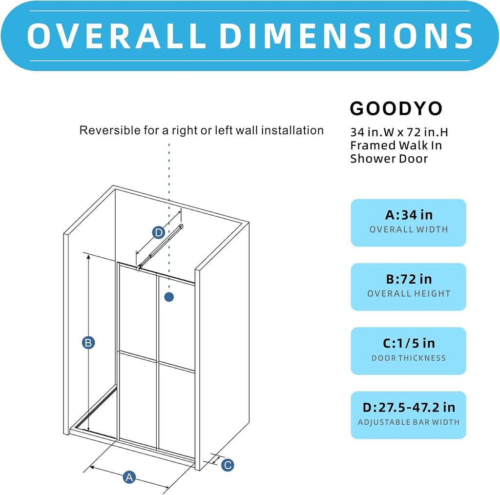 Goodyo Glass Shower Door 34' x 72' Frosted Tempered Glass Panel Fixed Shower Screen for Walk-in Bathroom Matte Black Frame